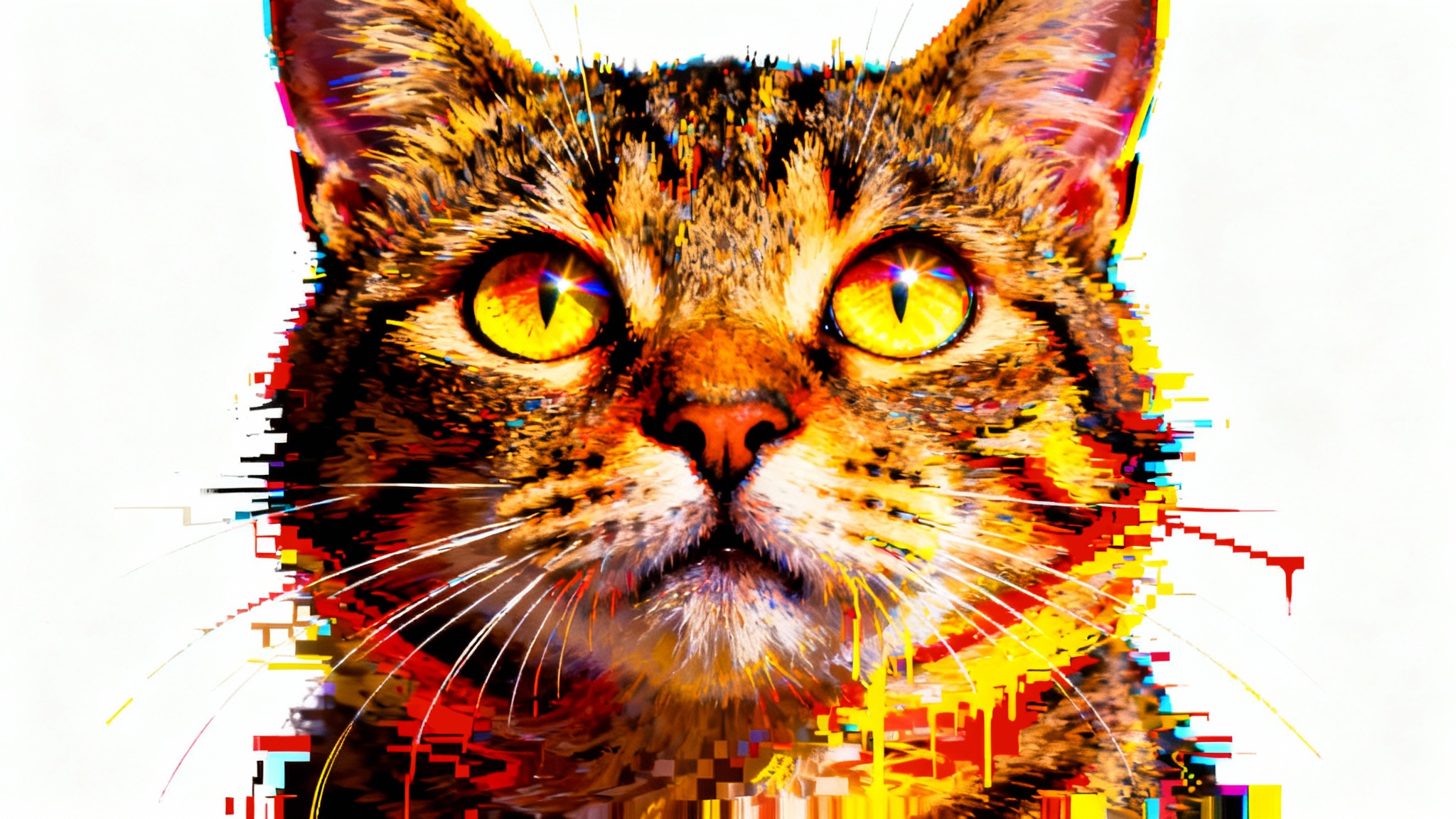 A heavily distorted 'deep fried' meme image of a cat with glowing eyes, showing extreme color saturation and pixelation, on a plain white background.