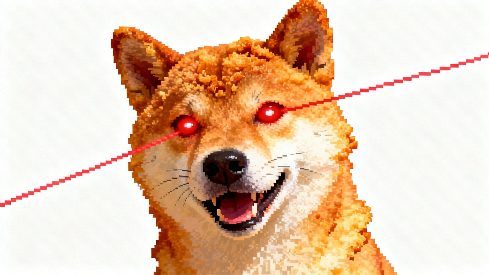 A deep-fried meme of a Shiba Inu dog with glowing red eyes, showcasing extreme color saturation and pixelation against a white background.