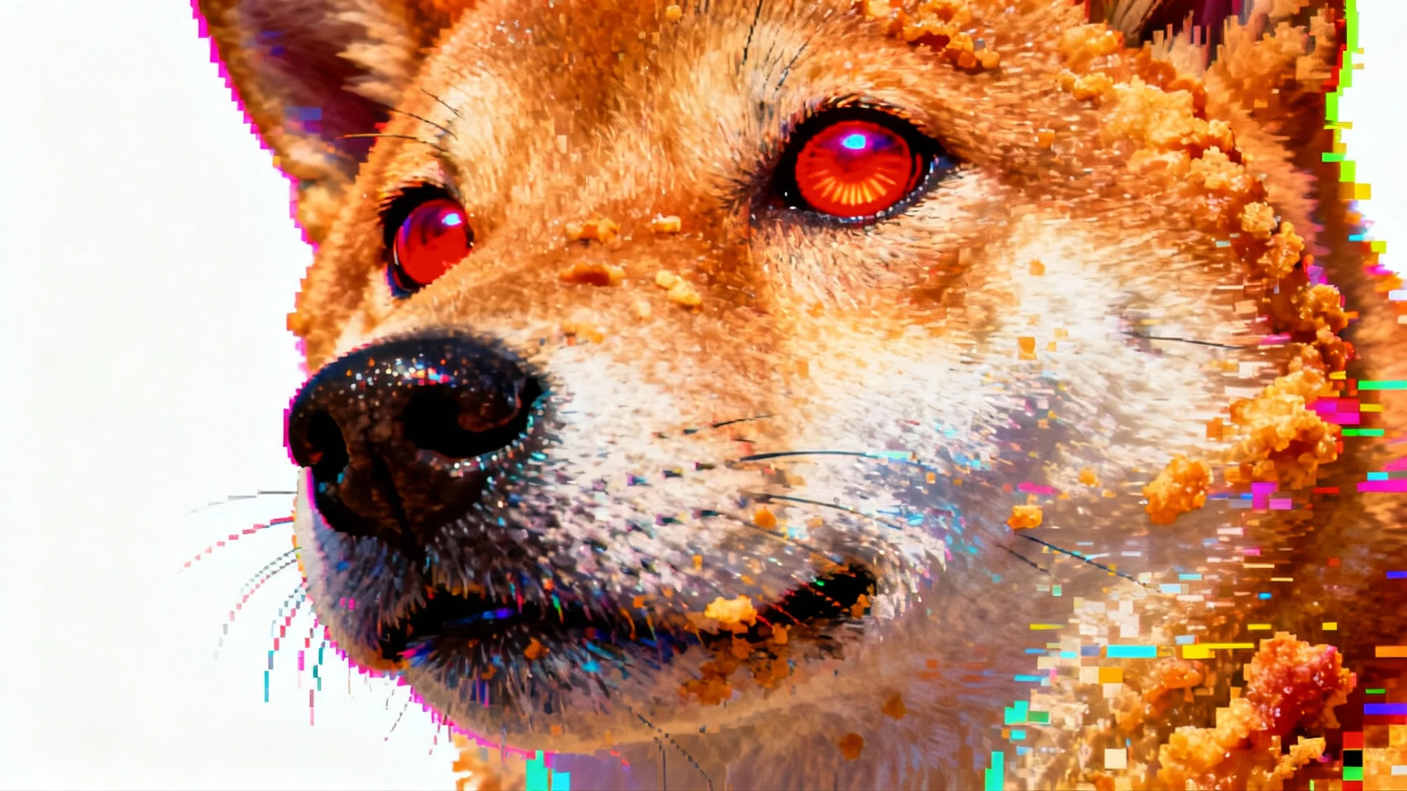 A Shiba Inu dog's face comically distorted with the deep fried meme effect, showing extreme color saturation, high contrast, and glowing red eyes, set against a plain white background.
