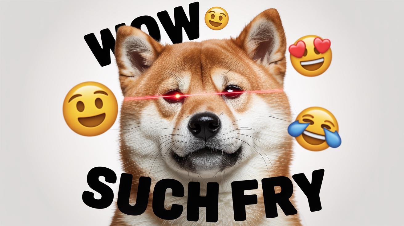 A deep fried meme of a Shiba Inu dog with glowing red eyes. The image is heavily saturated and pixelated, with the text 'WOW' and 'SUCH FRY' on it, all against a plain white background.