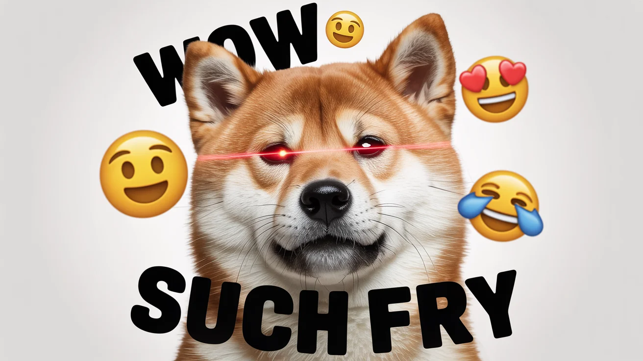 A deep fried meme of a Shiba Inu dog with glowing red eyes. The image is heavily saturated and pixelated, with the text 'WOW' and 'SUCH FRY' on it, all against a plain white background.