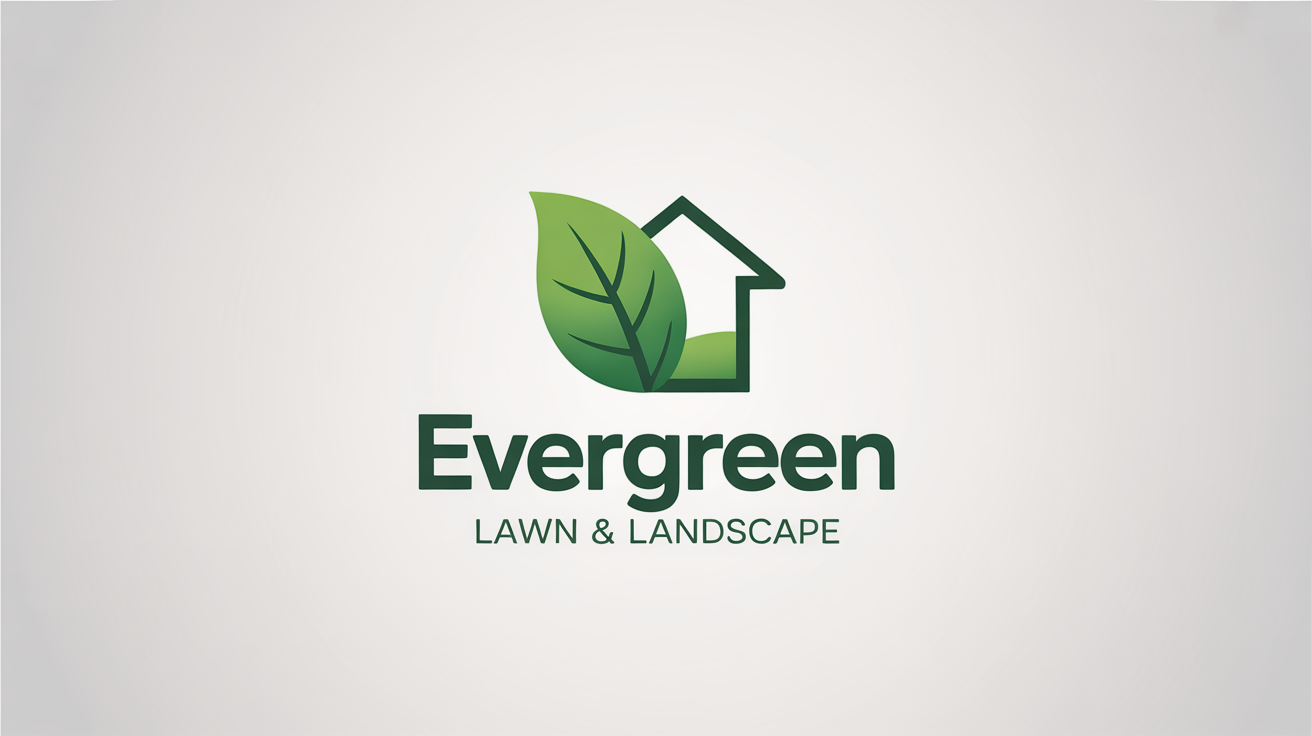A modern logo for a lawn care company named 'Evergreen Lawn & Landscape', featuring a green leaf and house icon on a light gray background.