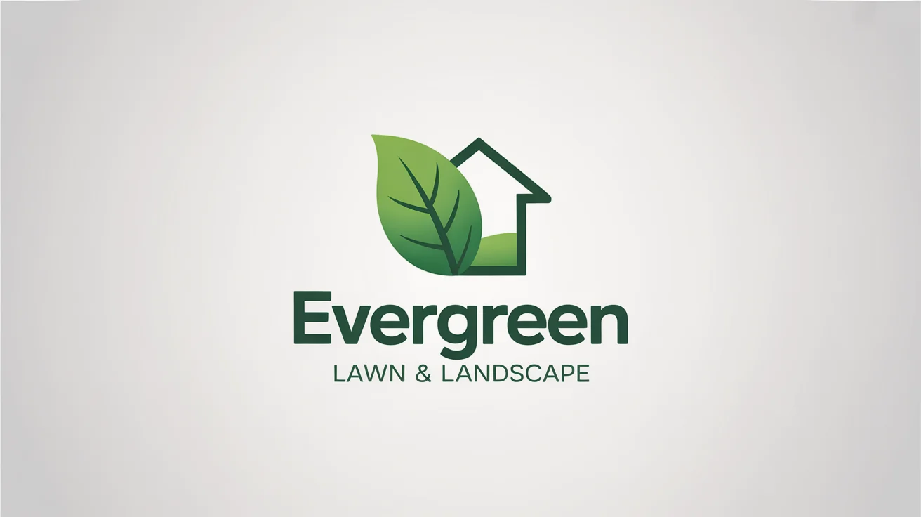 A modern logo for a lawn care company named 'Evergreen Lawn & Landscape', featuring a green leaf and house icon on a light gray background.