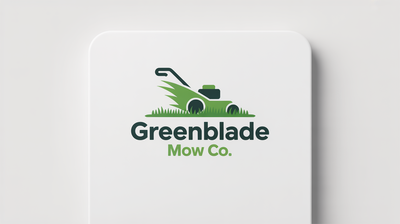 A modern logo mockup for a lawn care company called 'GreenBlade Mow Co.', featuring a stylized green lawnmower on a clean white background.