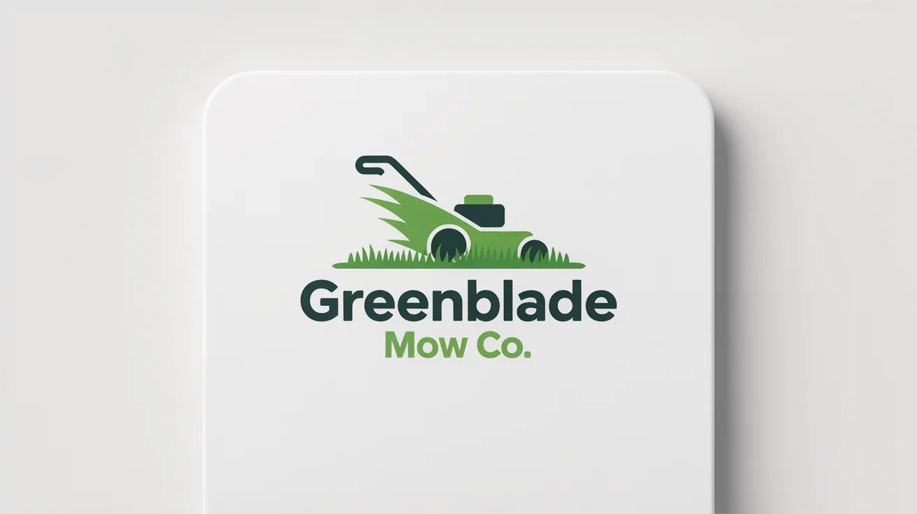 A modern logo mockup for a lawn care company called 'GreenBlade Mow Co.', featuring a stylized green lawnmower on a clean white background.