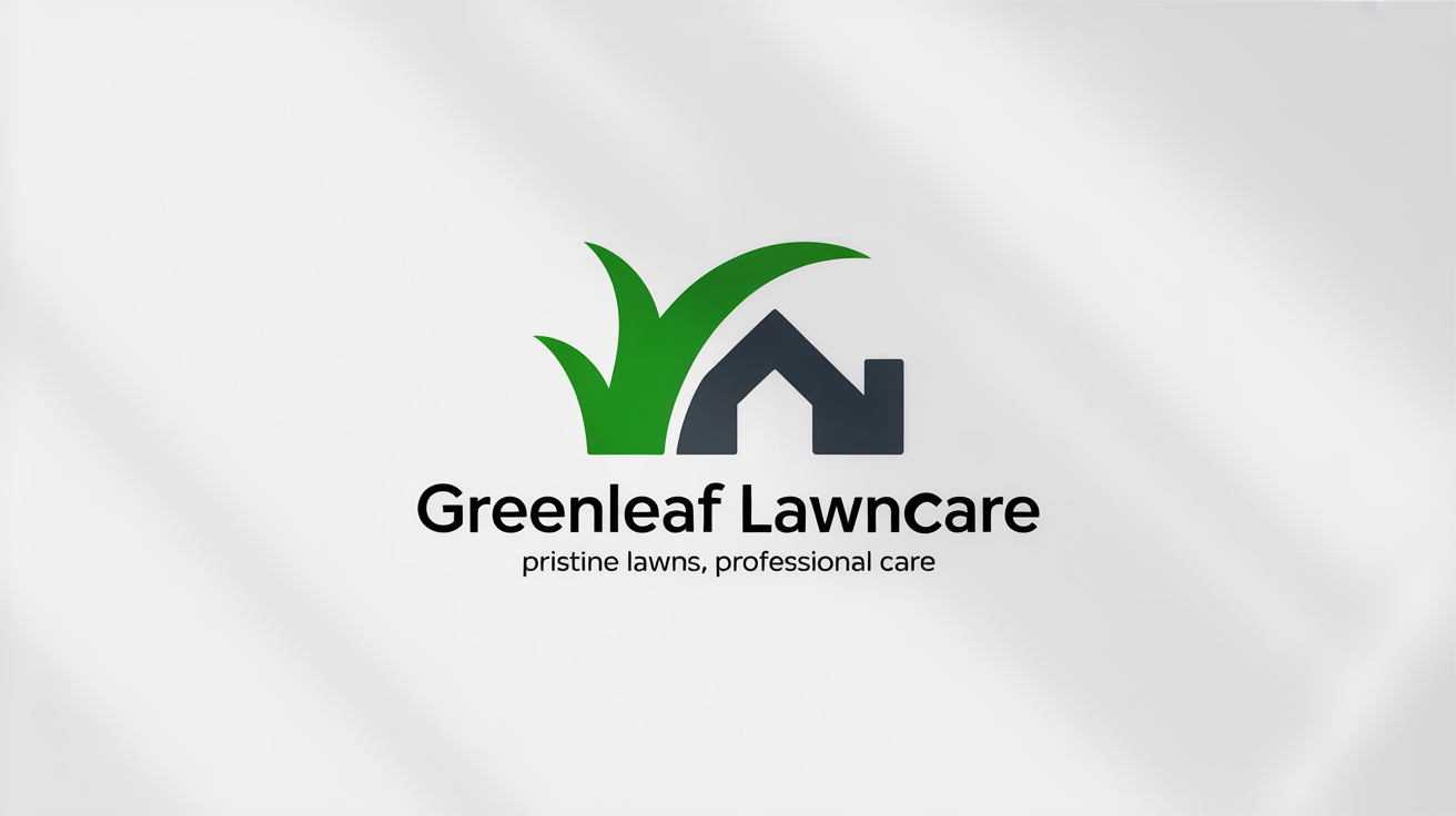 A modern logo for a fictional lawn care company called 'GreenLeaf Lawncare'. The logo shows a green blade of grass arching over a house silhouette, on a clean white background.