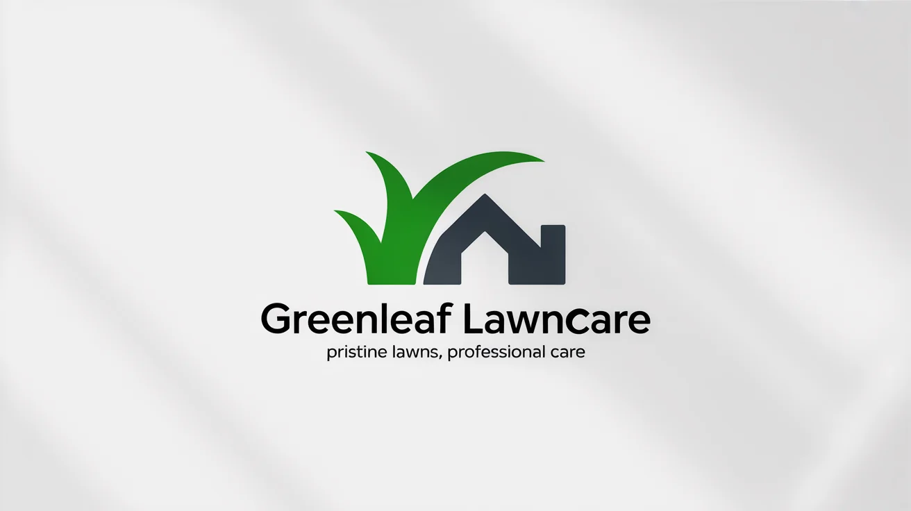 A modern logo for a fictional lawn care company called 'GreenLeaf Lawncare'. The logo shows a green blade of grass arching over a house silhouette, on a clean white background.