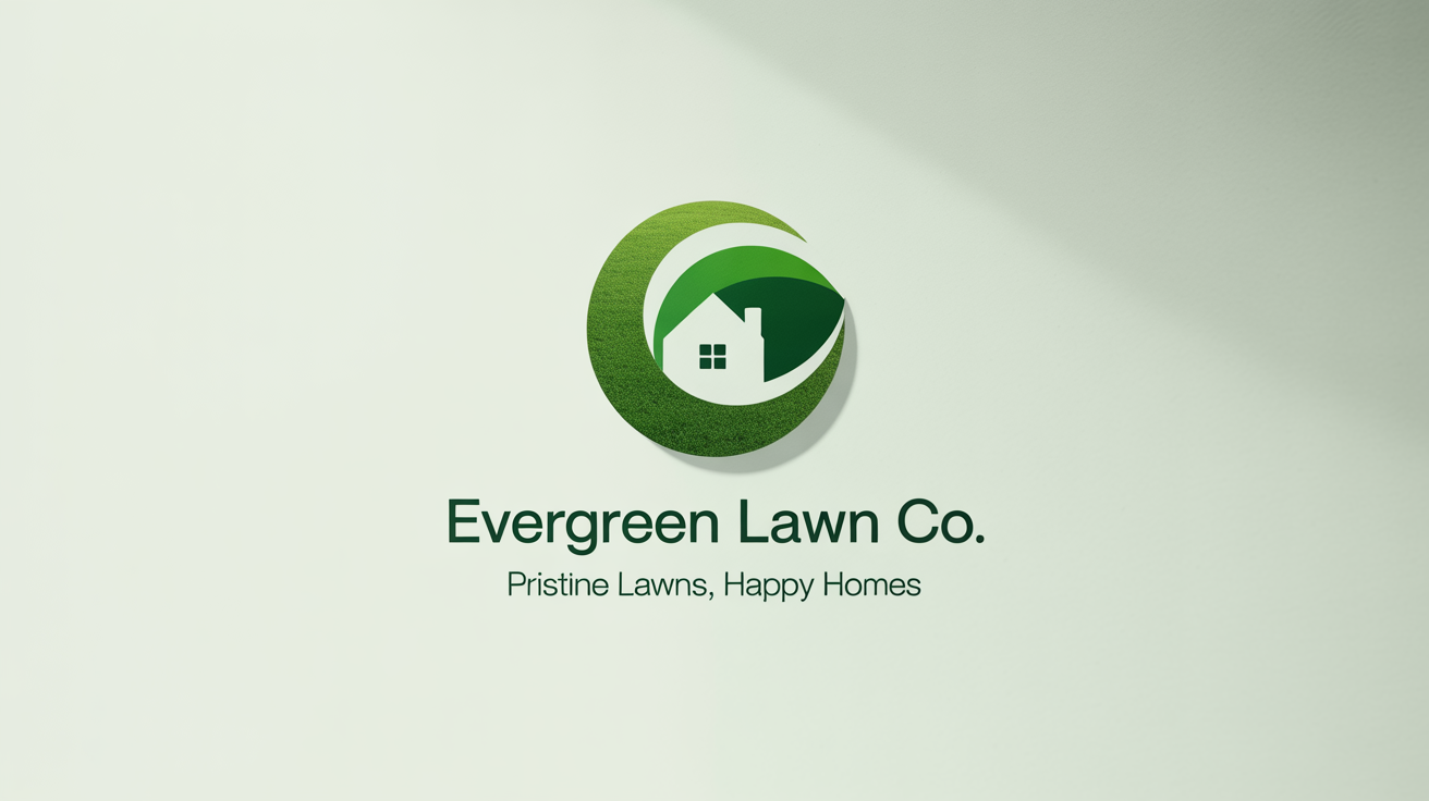 A professional logo mockup for a lawn care business named 'Evergreen Lawn Co.' featuring a circular green lawn icon with a house silhouette, displayed on a white background.
