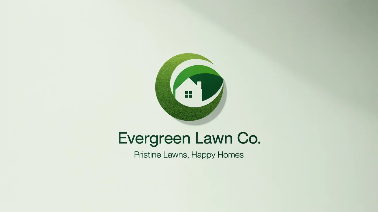 A professional logo mockup for a lawn care business named 'Evergreen Lawn Co.' featuring a circular green lawn icon with a house silhouette, displayed on a white background.