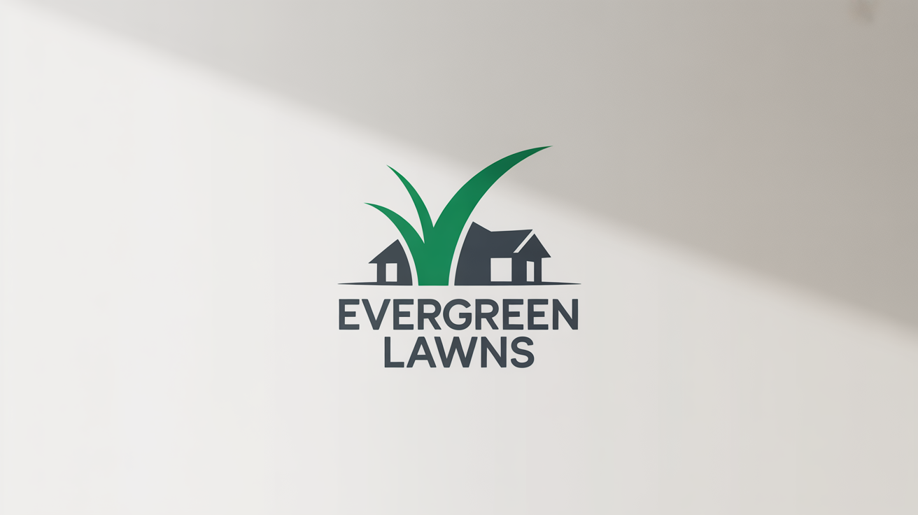 A modern logo for a lawn care company named 'EverGreen Lawns', featuring a green blade of grass and a house icon on a white background.
