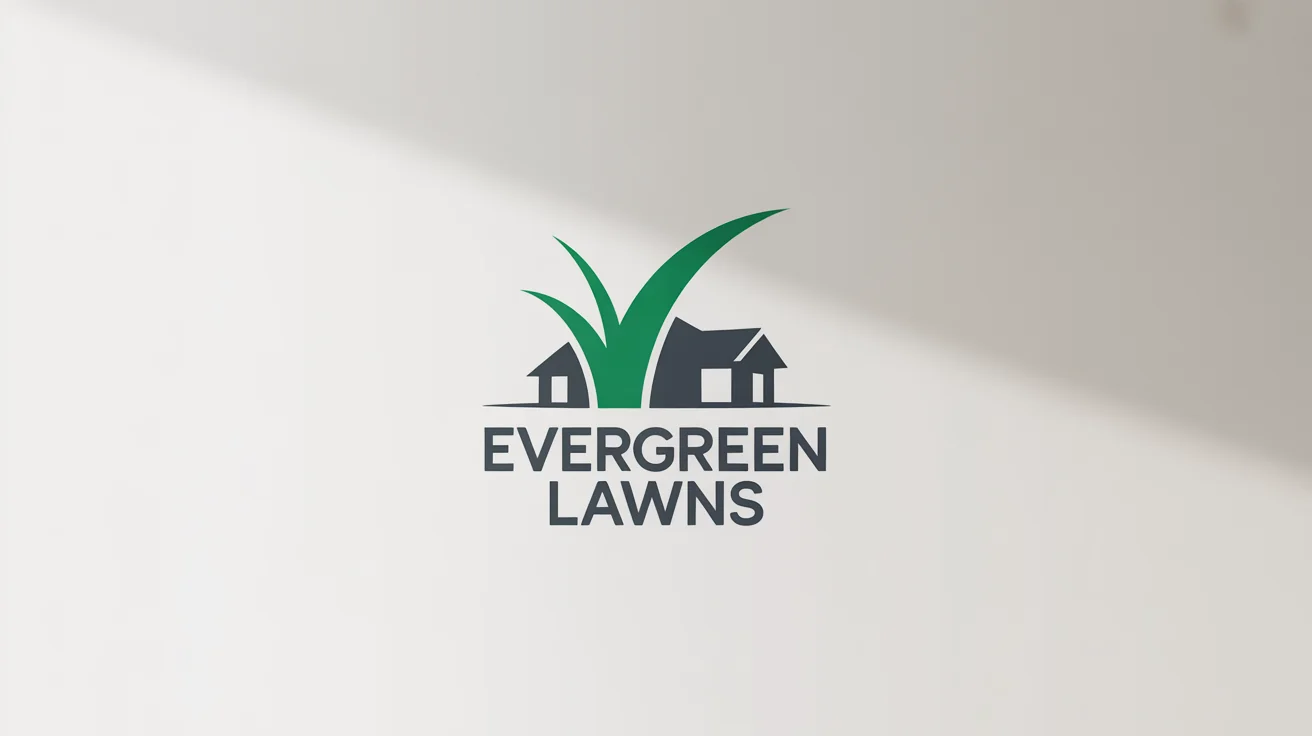 A modern logo for a lawn care company named 'EverGreen Lawns', featuring a green blade of grass and a house icon on a white background.