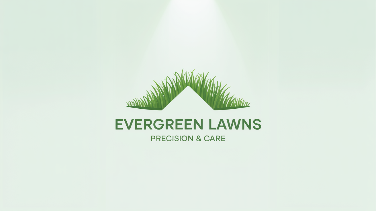 A professional logo mockup for a lawn care company called 'Evergreen Lawns'. The logo features a green blade of grass and a house icon, presented on a clean white background.