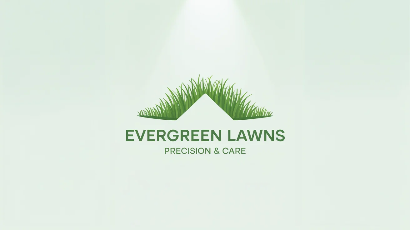 A professional logo mockup for a lawn care company called 'Evergreen Lawns'. The logo features a green blade of grass and a house icon, presented on a clean white background.