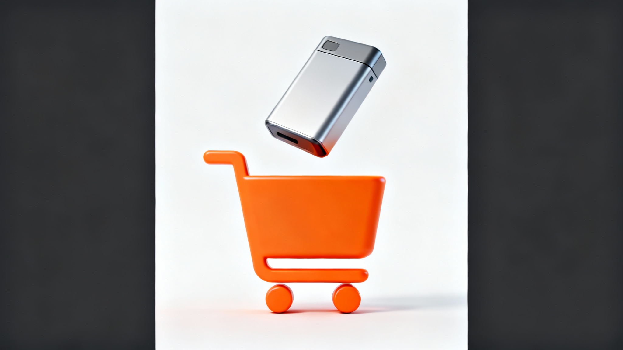 A minimalist 3D rendering of a modern product dropping into a stylized orange shopping cart icon against a white background, symbolizing the 'add to cart' action in e-commerce.