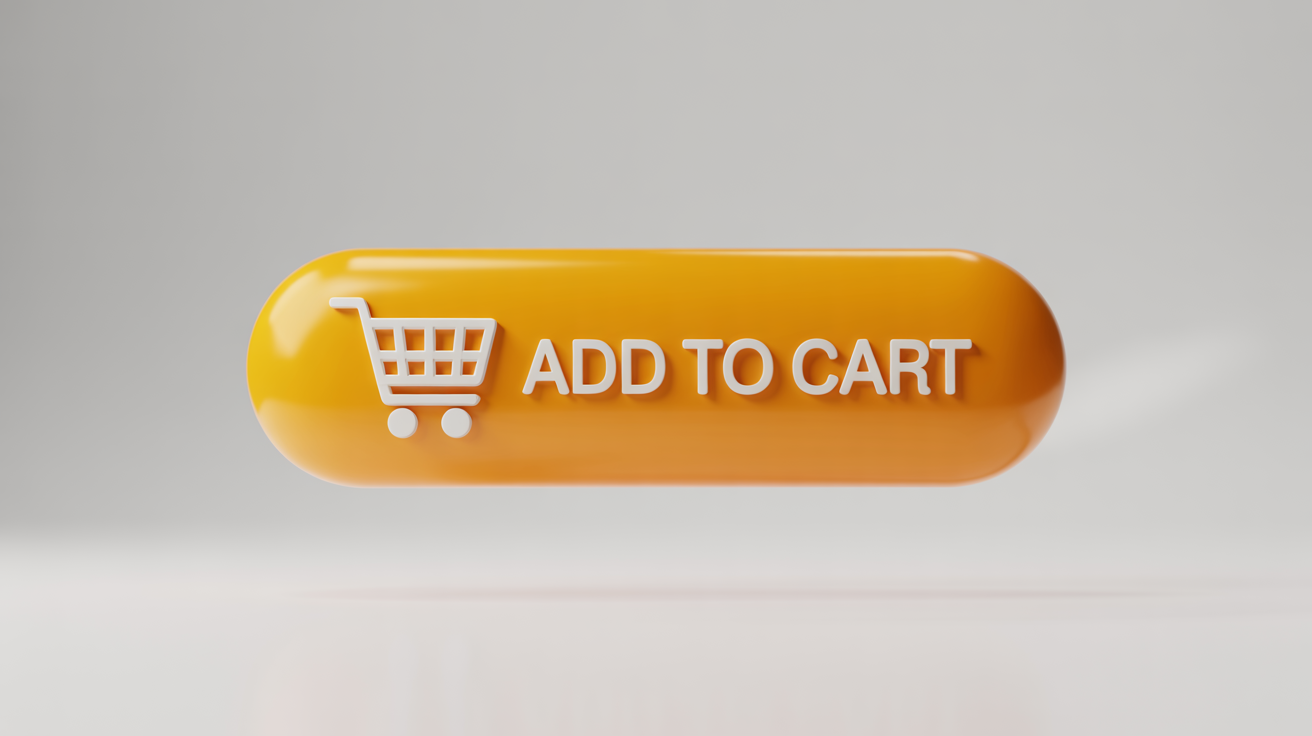 A 3D rendering of a modern orange 'Add to Cart' button with a white shopping cart icon, set against a clean white background.