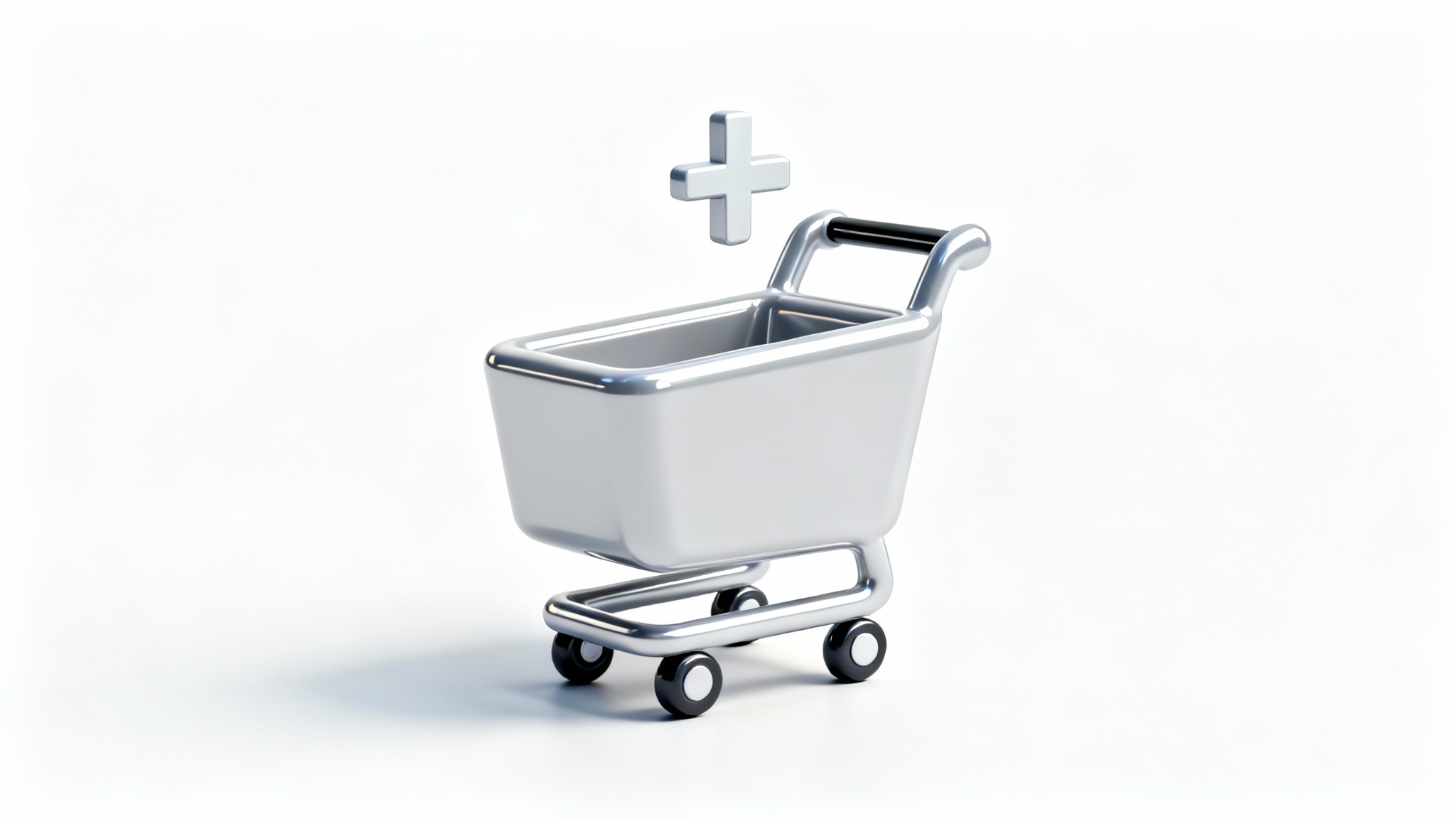 A 3D render of a minimalist and modern 'add to cart' icon, featuring a shopping cart with a plus symbol, set against a clean white background.