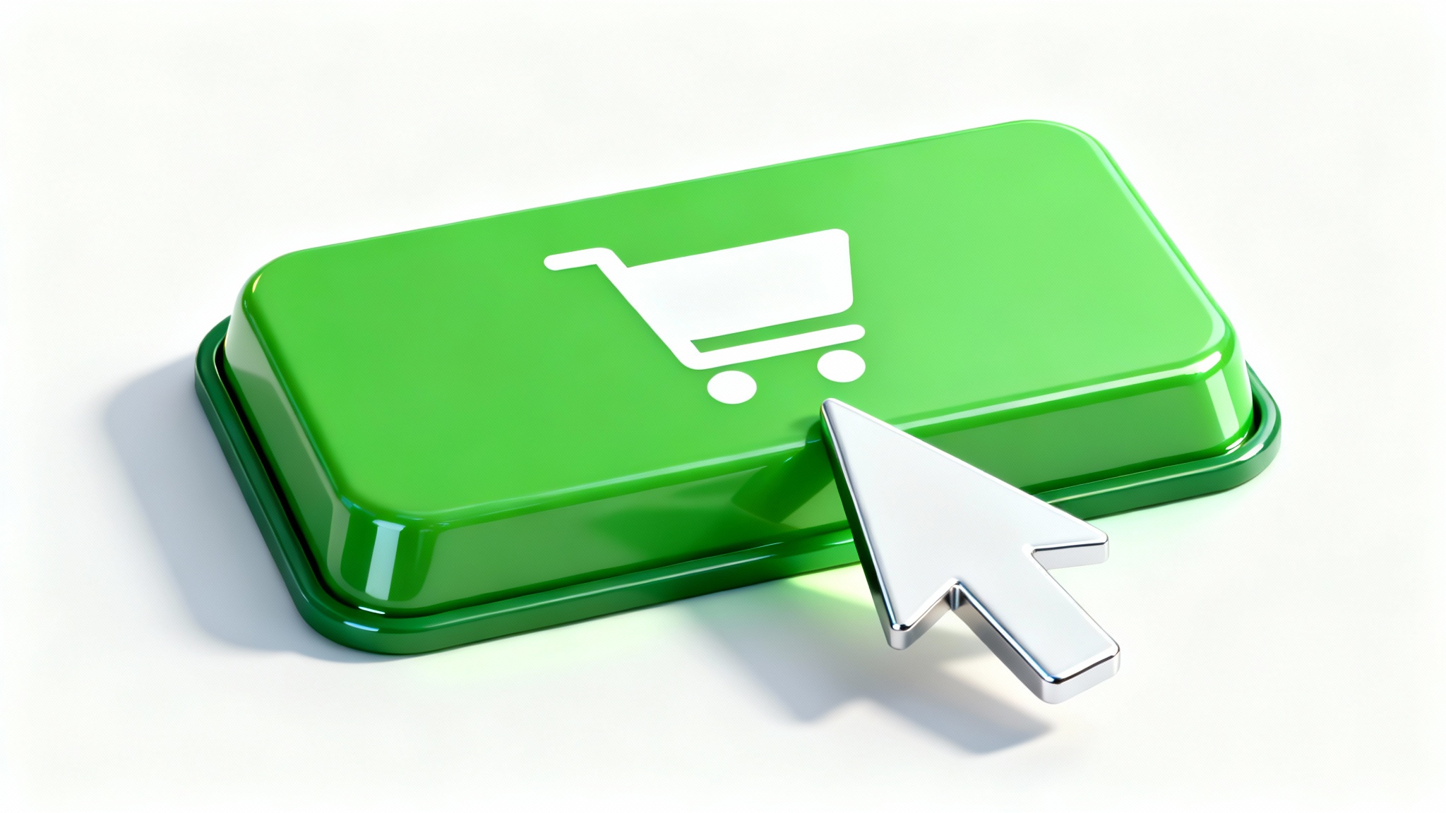 A 3D rendering of a green 'Add to Cart' button with a shopping cart icon, with a mouse cursor poised to click it on a white background.