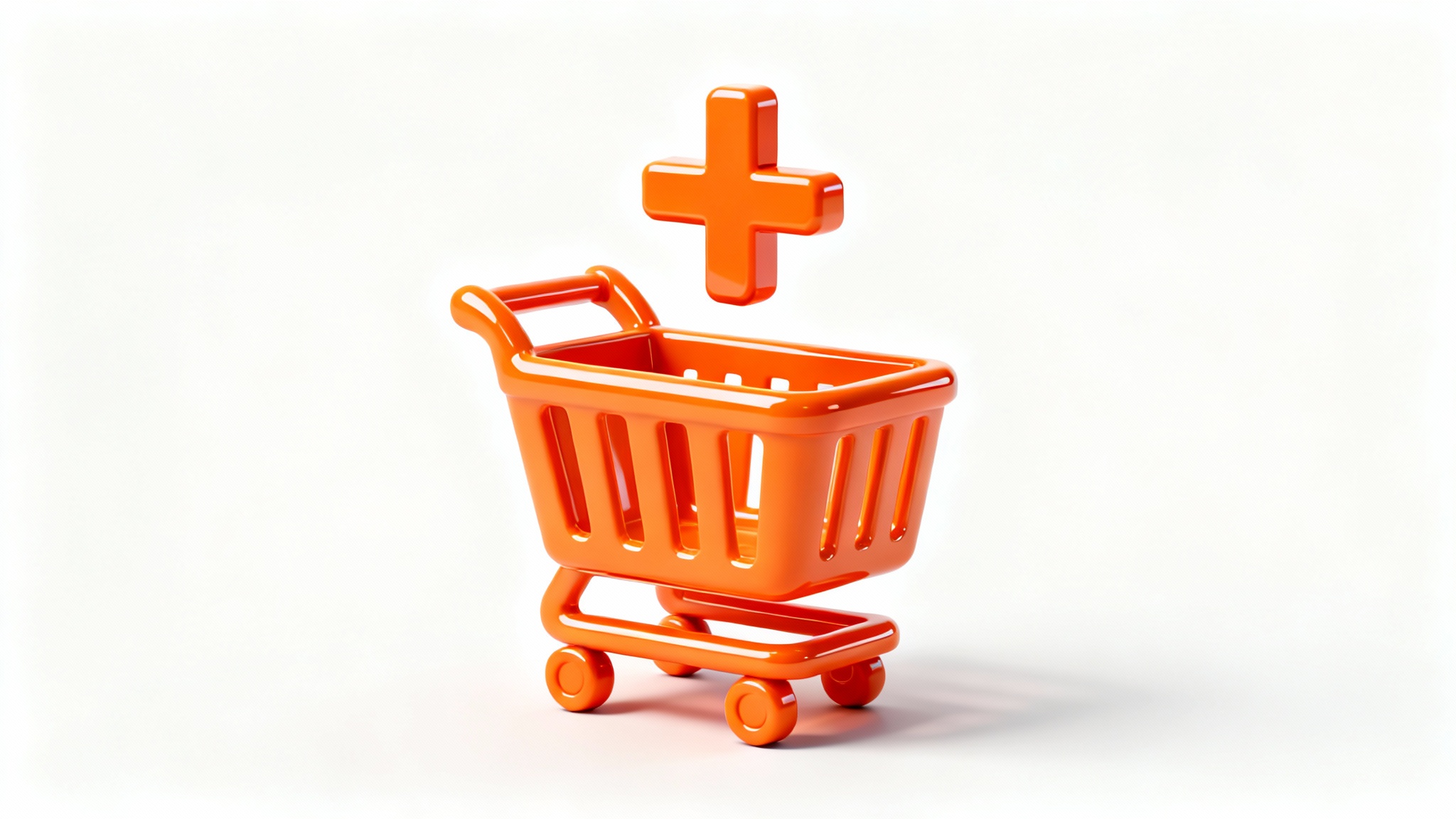 A 3D render of a minimalist orange shopping cart icon with a plus symbol floating above it, symbolizing an 'add to cart' button, set against a plain white background.