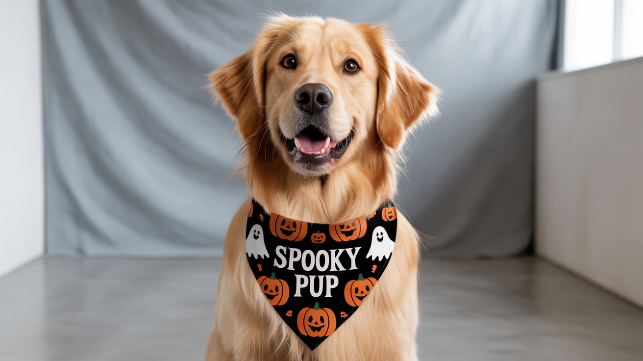 An eye-catching hero image of a happy Golden Retriever wearing a black Halloween bandana that says 'Spooky Pup' and is patterned with cute ghosts and pumpkins, set against a clean studio background.