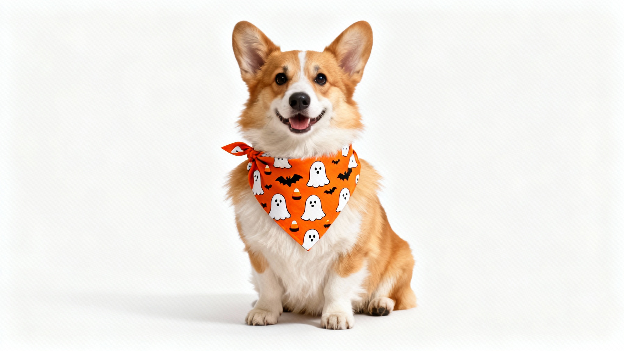 A cute Corgi dog happily modeling a festive orange Halloween pet bandana with ghosts and bats against a solid white background.