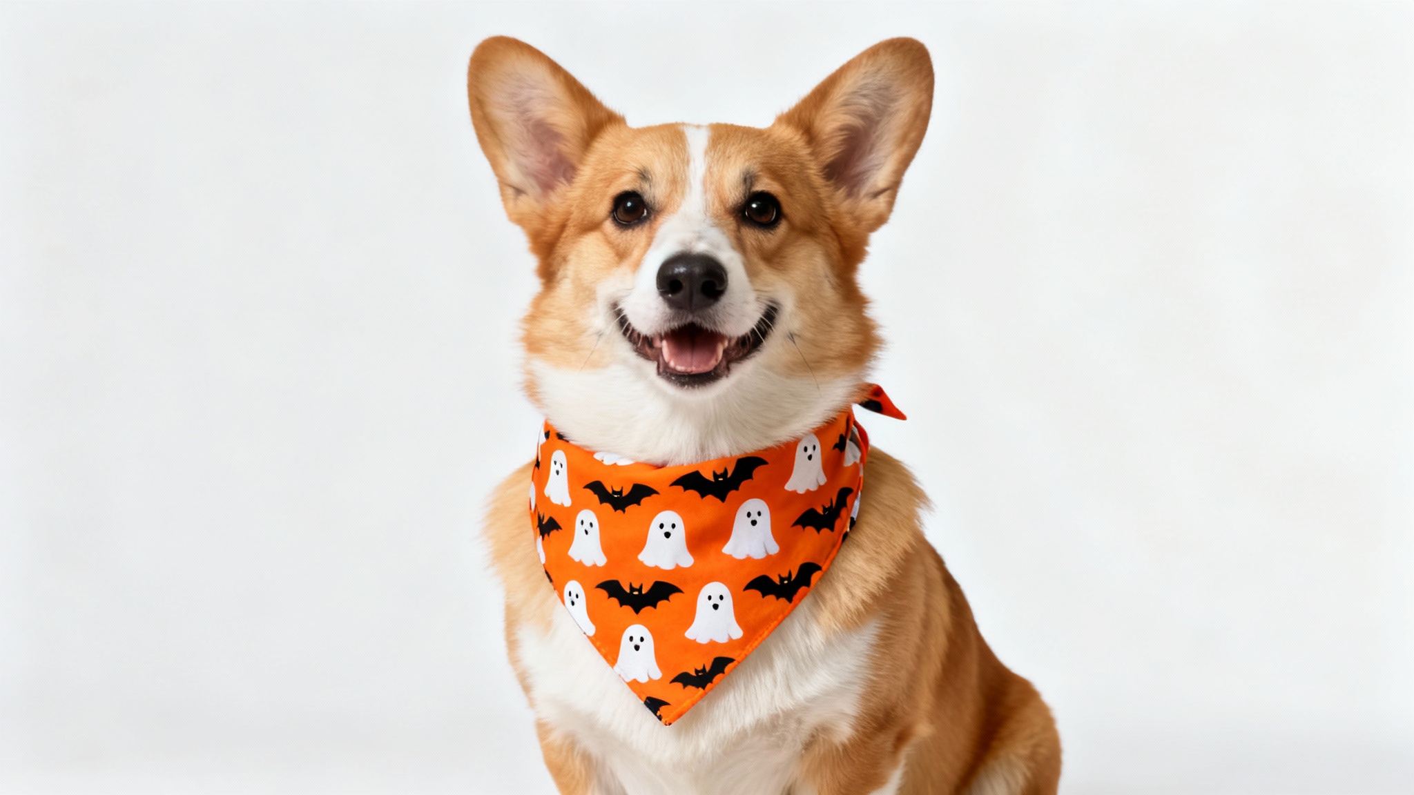 A cute Corgi dog models a bright orange Halloween bandana decorated with ghosts and bats, shot against a clean white background.