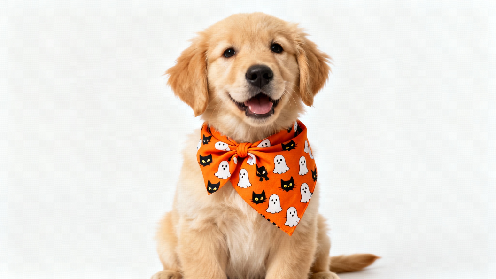 A cute Golden Retriever puppy wearing a festive orange Halloween bandana with ghosts and cats, posing against a clean white background.