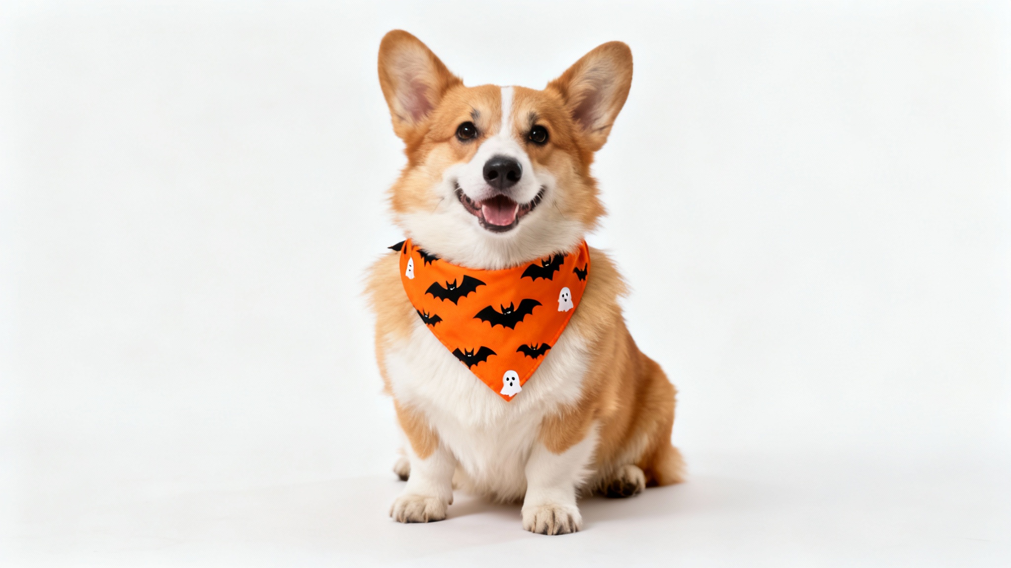 A cute corgi wearing a festive orange and black halloween bandana with a pattern of bats and ghosts, sitting against a plain white background.
