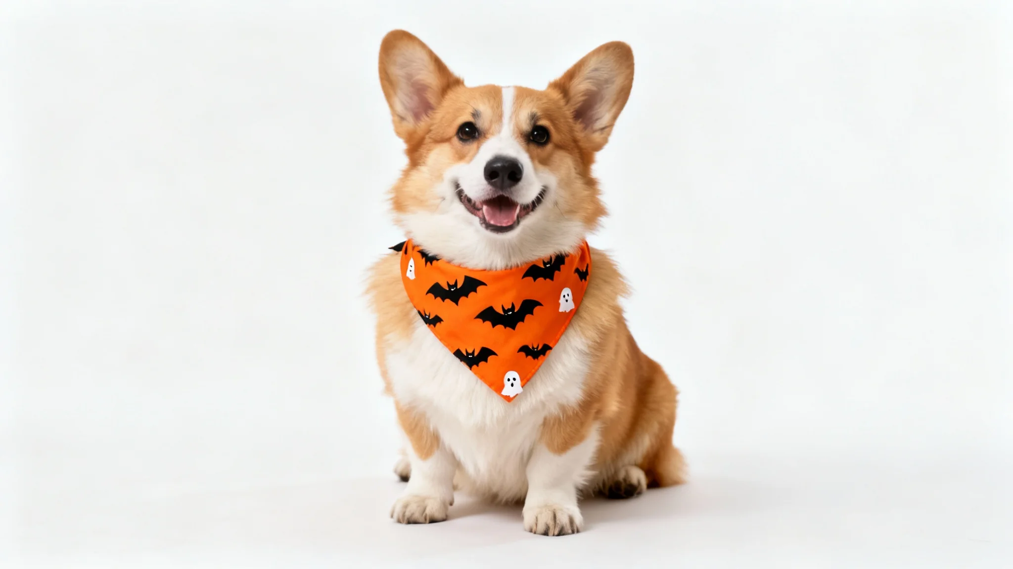 A cute corgi wearing a festive orange and black halloween bandana with a pattern of bats and ghosts, sitting against a plain white background.