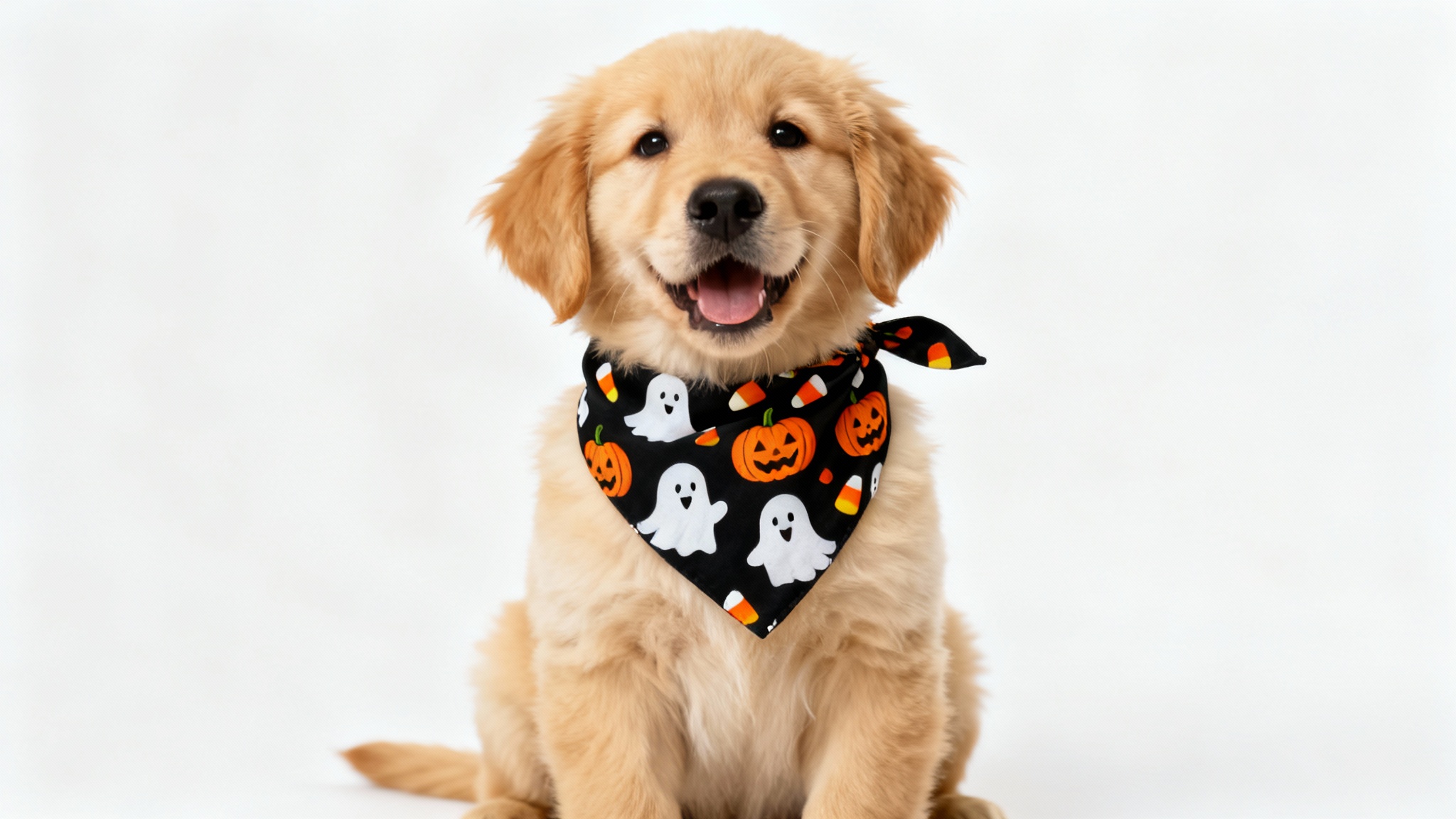 A cute golden retriever puppy wearing a black Halloween bandana decorated with friendly ghosts and pumpkins, posing against a solid white background.