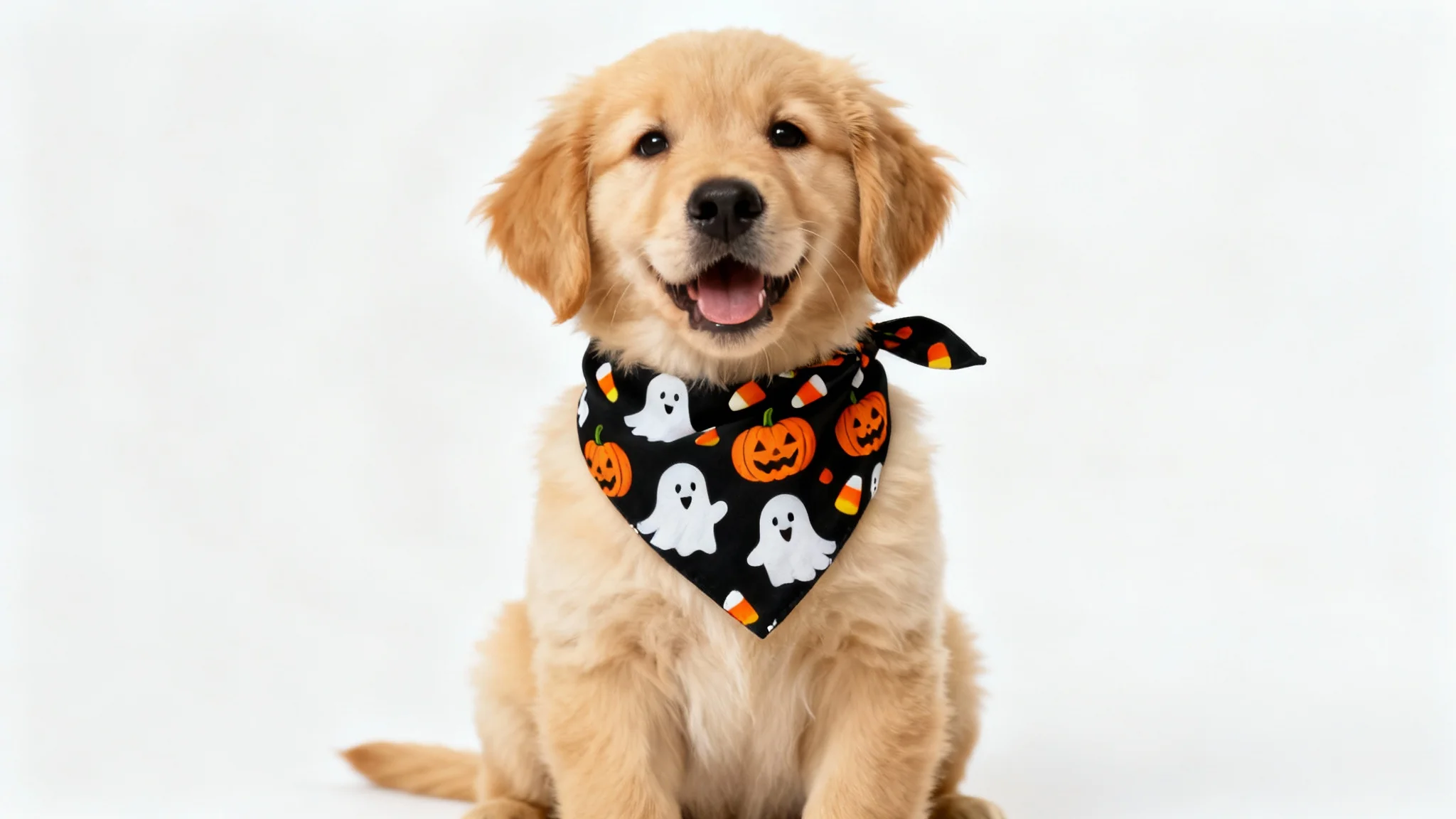 A cute golden retriever puppy wearing a black Halloween bandana decorated with friendly ghosts and pumpkins, posing against a solid white background.
