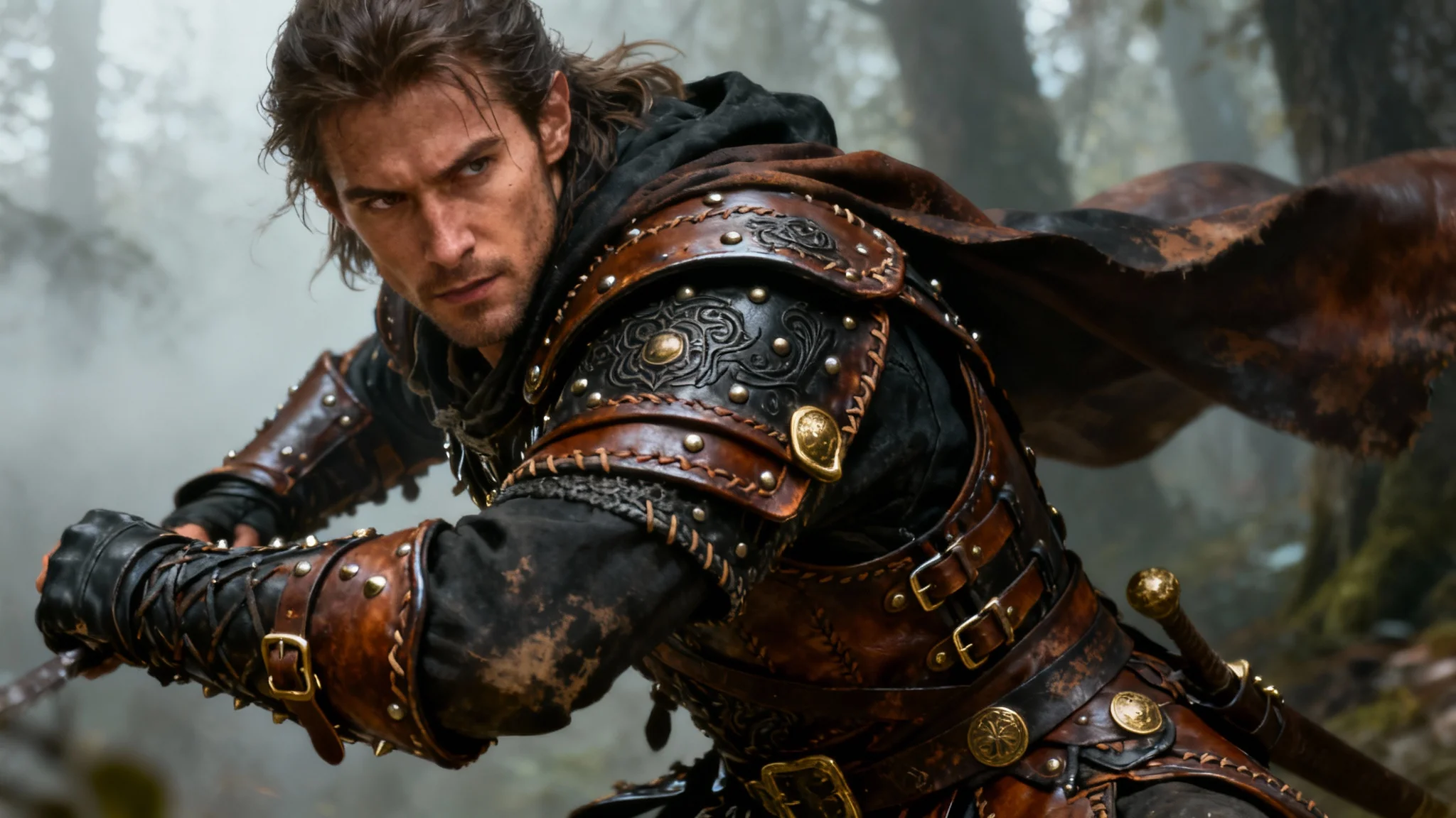 A highly detailed digital drawing of a fantasy character in dynamic studded leather armor, set against a misty forest background, showcasing the final result of a character design tool.