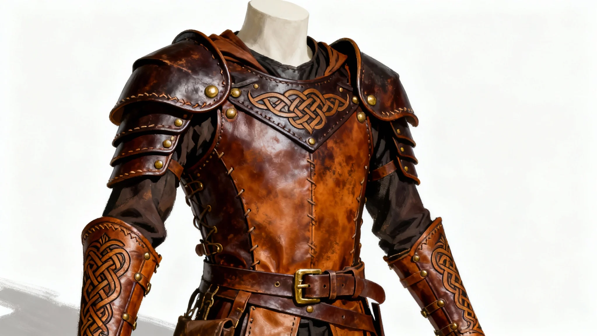 A highly detailed digital illustration of a complete set of fantasy-style leather armor, including a chest piece and arm guards, displayed against a plain white background.