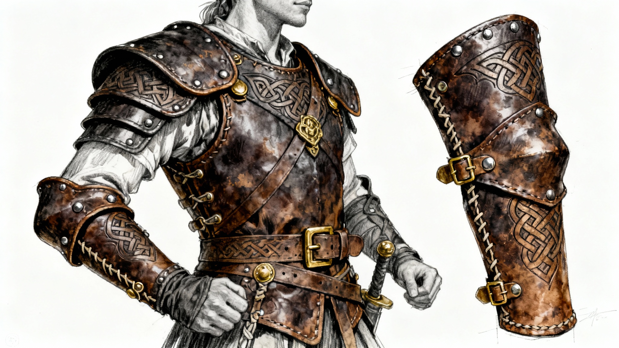 A concept art drawing of a fantasy leather armor set, featuring a chest piece and shoulder guards made of dark, intricately tooled leather. The illustration is in a detailed sketch style against a white background.