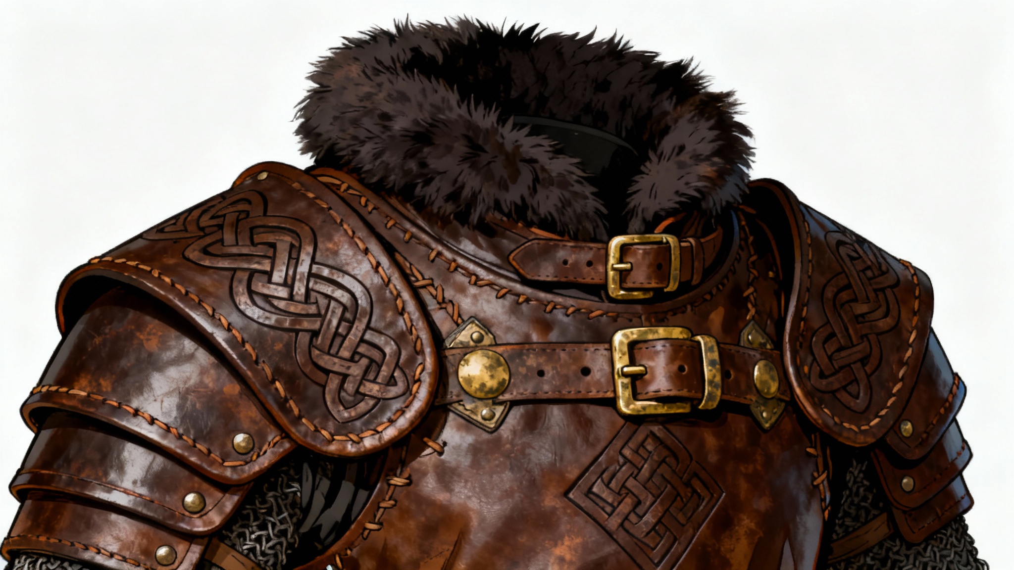 A detailed concept art drawing of a fantasy leather armor chest piece, featuring intricate patterns and brass buckles, displayed against a white background.