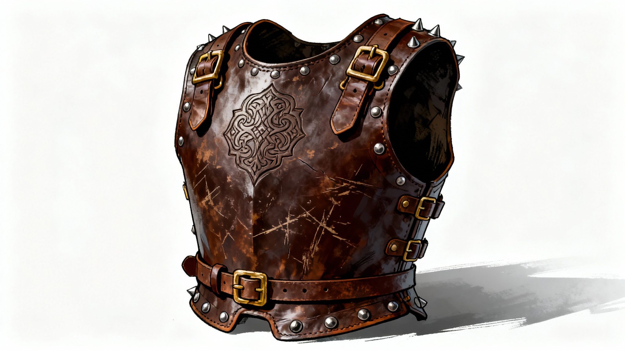 A detailed concept art drawing of a fantasy warrior's leather armor chest piece, featuring intricate buckles and embossed designs, presented on a clean white background.