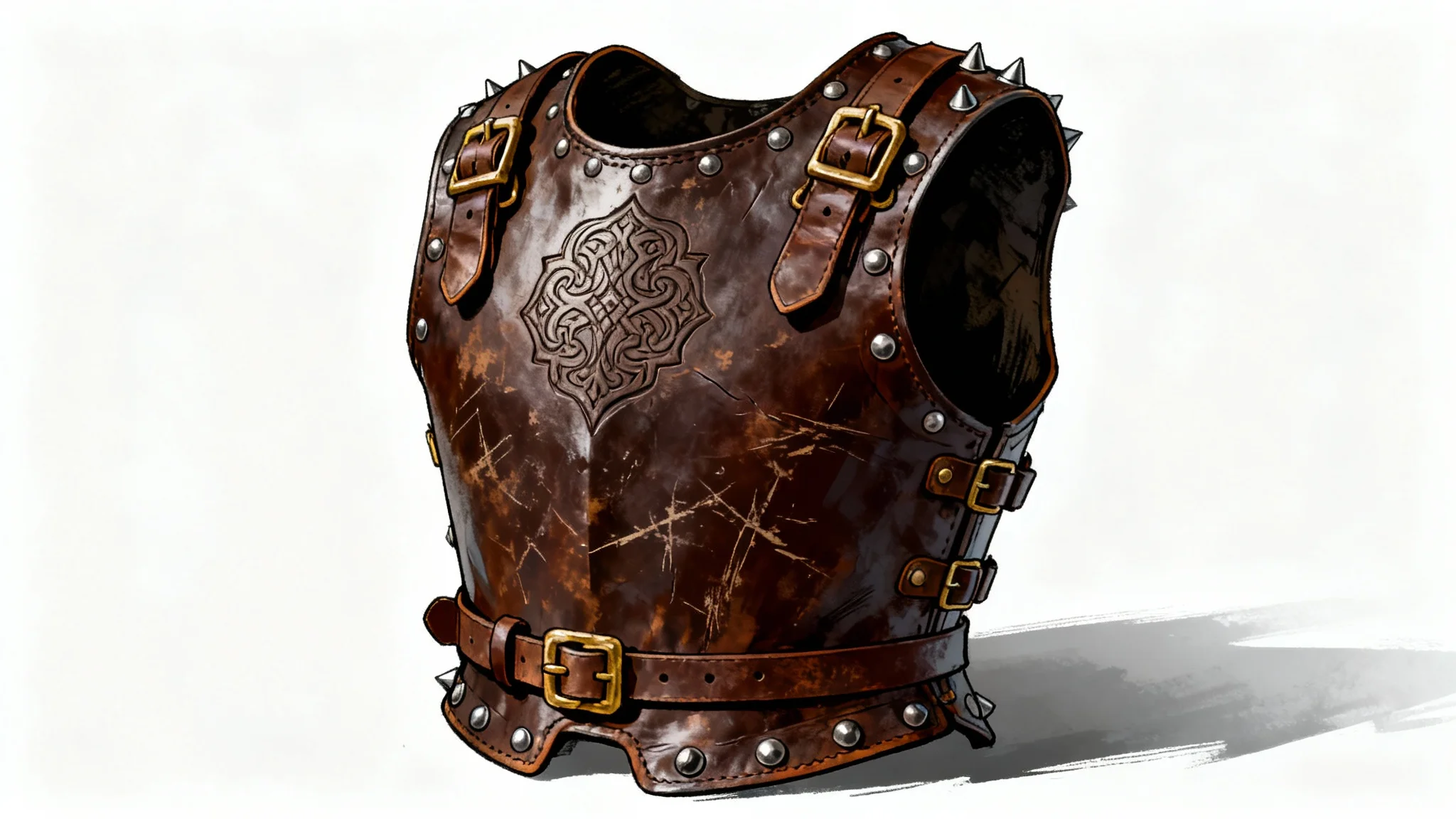 A detailed concept art drawing of a fantasy warrior's leather armor chest piece, featuring intricate buckles and embossed designs, presented on a clean white background.