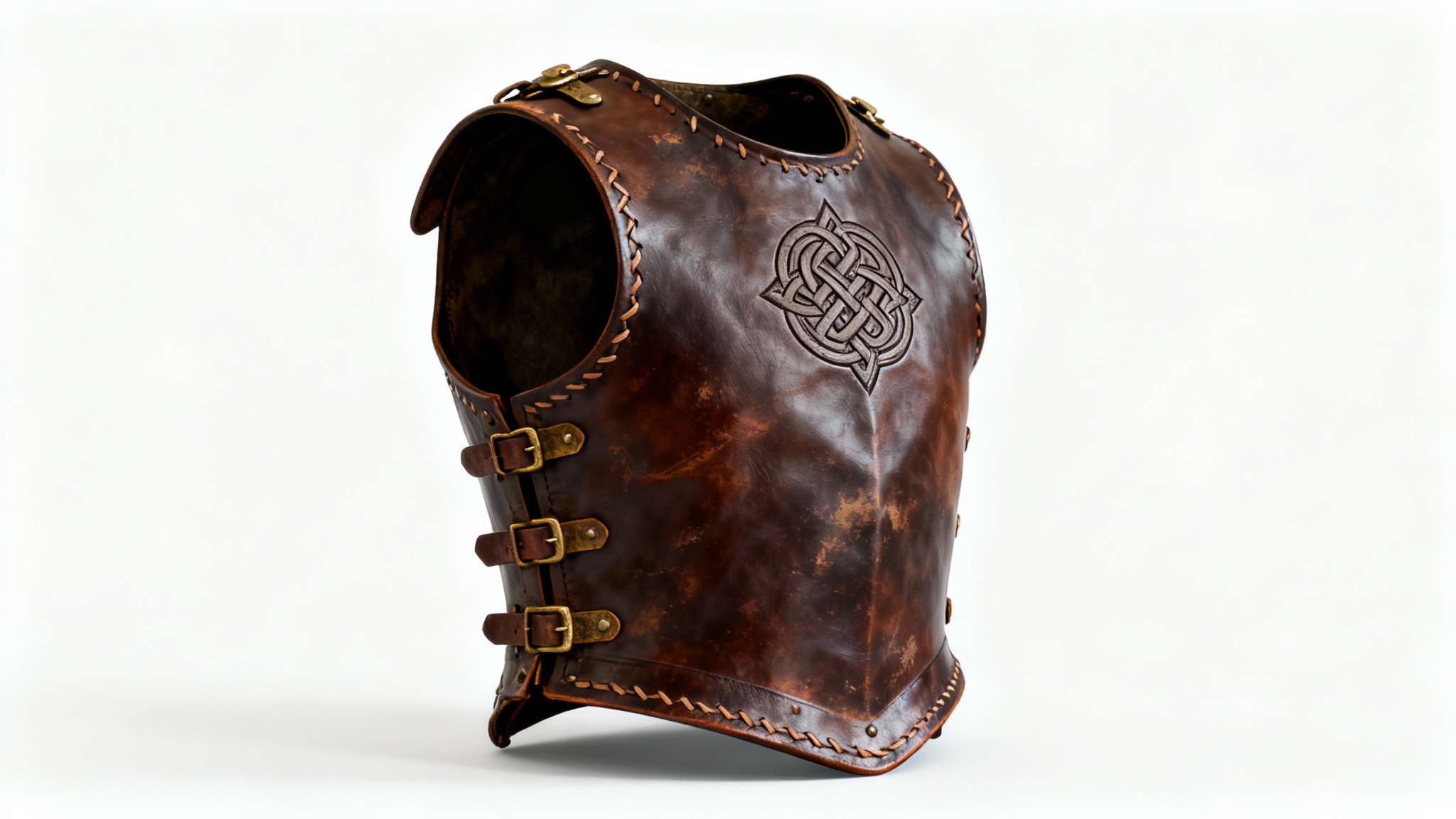 A detailed concept art drawing of a fantasy leather cuirass with Celtic embossing, presented as a product sketch on a plain white background.