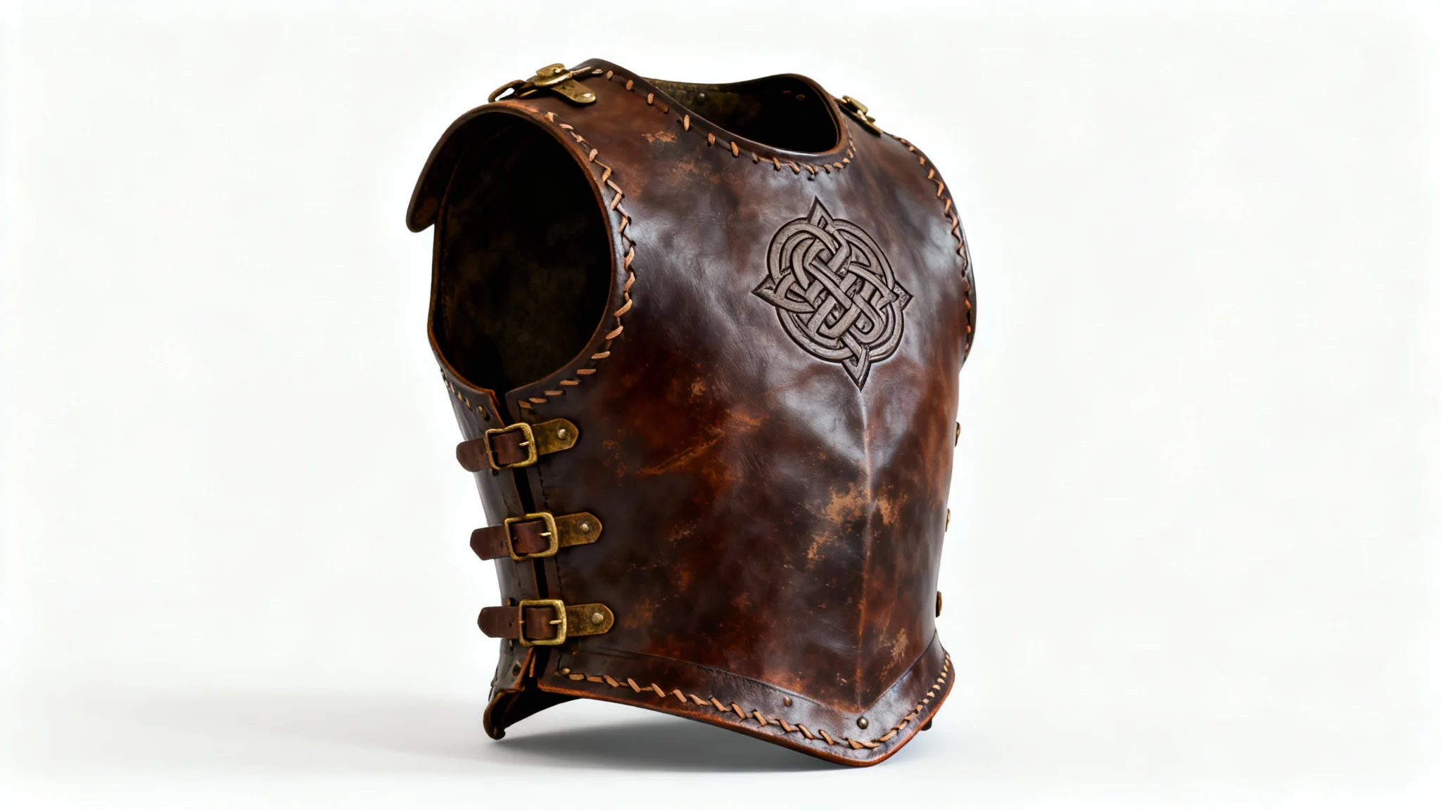 A detailed concept art drawing of a fantasy leather cuirass with Celtic embossing, presented as a product sketch on a plain white background.