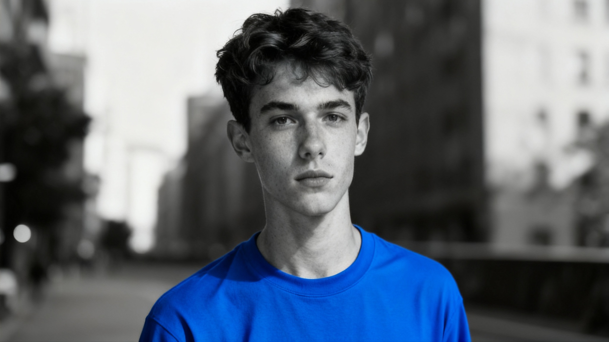 A professionally edited portrait of a young man where his shirt is a vibrant blue, and the rest of the image, including the man and the background, is in black and white, showcasing a selective color effect.