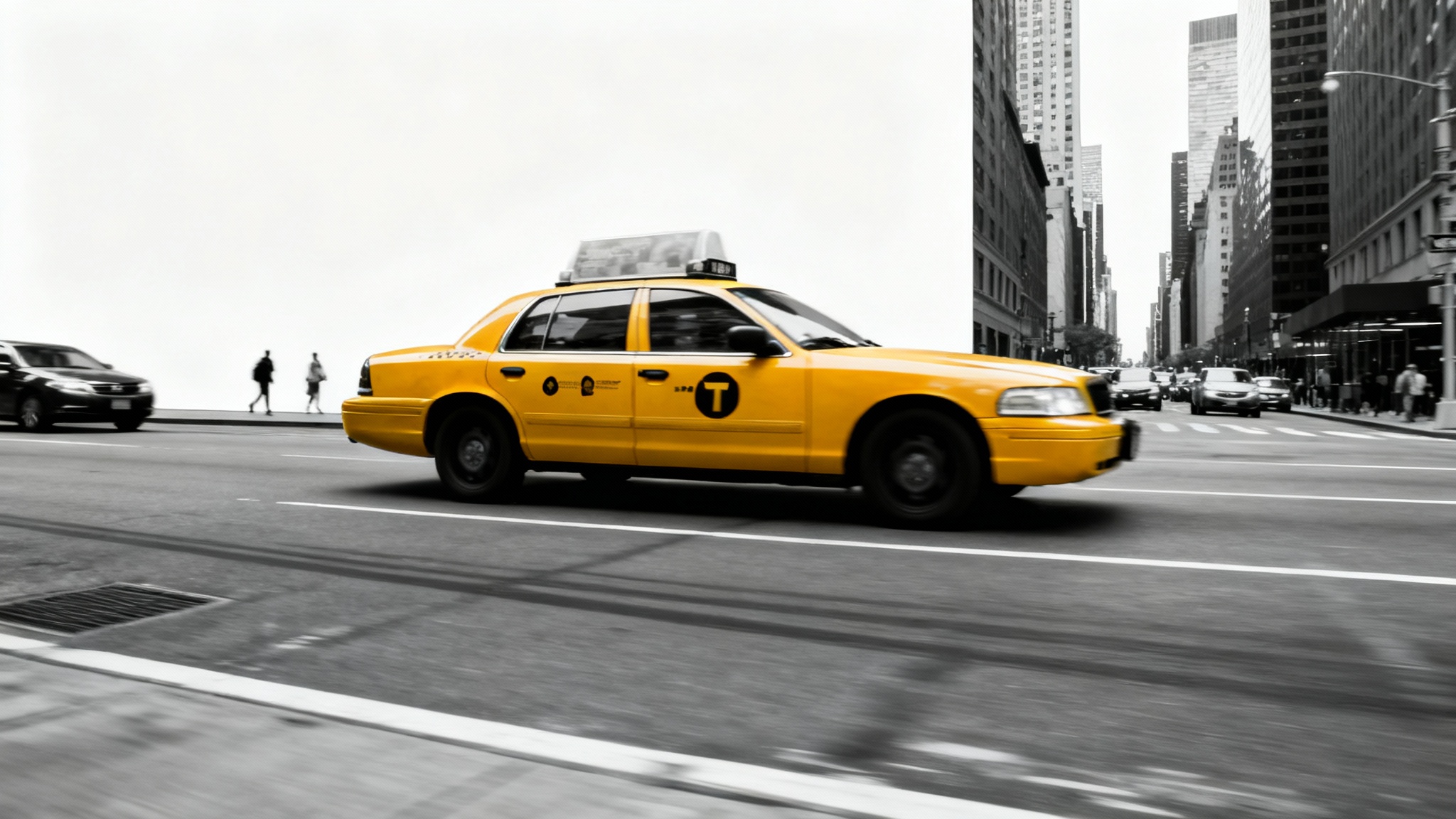 A demonstration of a selective color editor, showing a bright yellow taxi in full color driving down a city street that is entirely in black and white.
