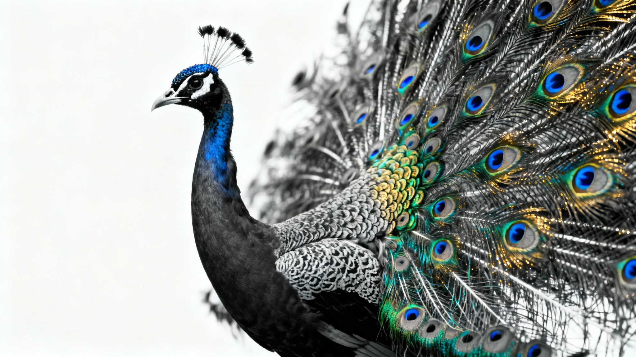A stunning close-up photo of a peacock with its body in black and white, while its fanned-out tail is in vibrant, full color, demonstrating a selective color editing effect on a white background.