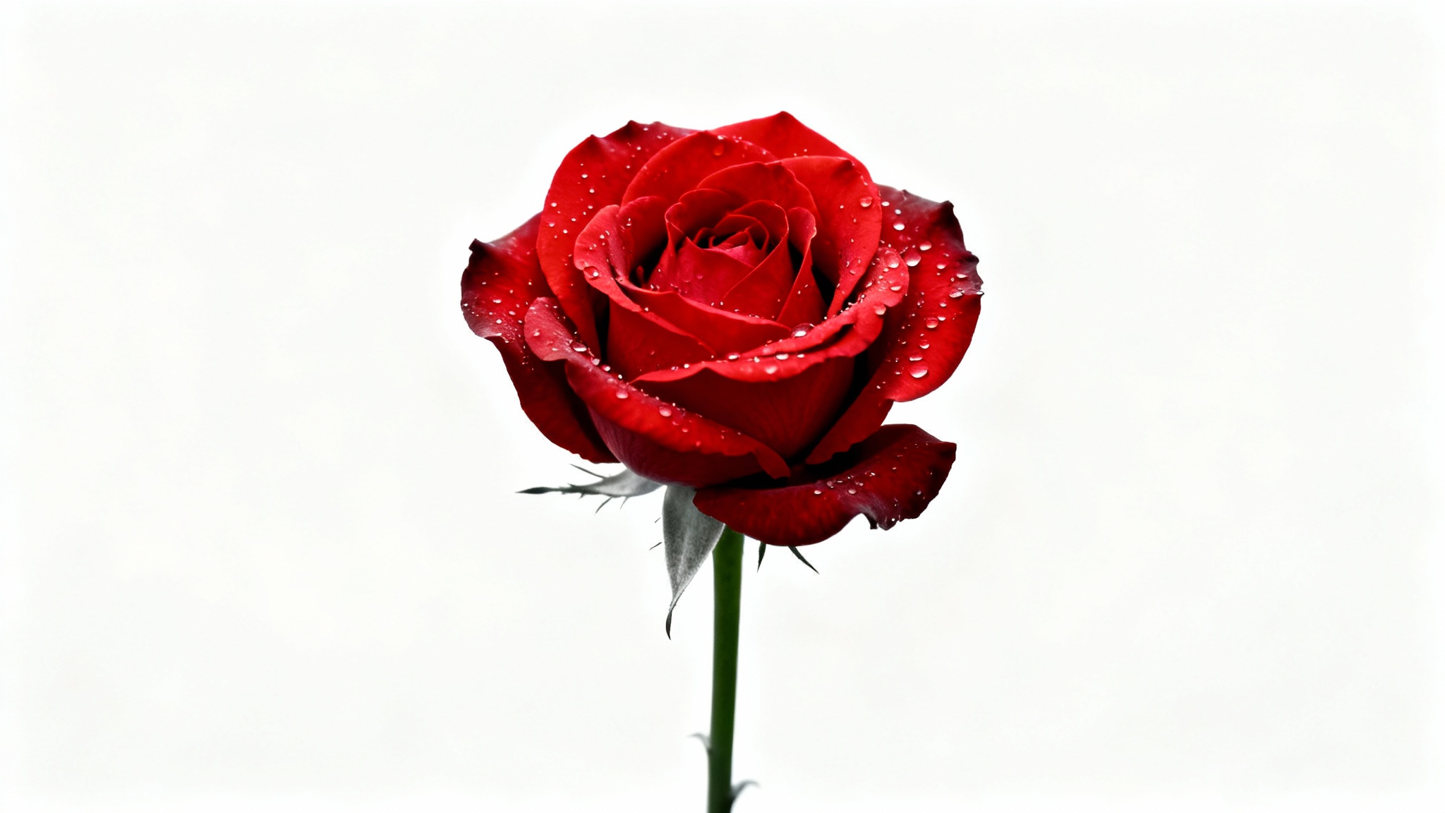 An image demonstrating a selective color effect, showing a single, vibrant red rose in full color against a black and white garden background, all isolated on a plain white background.