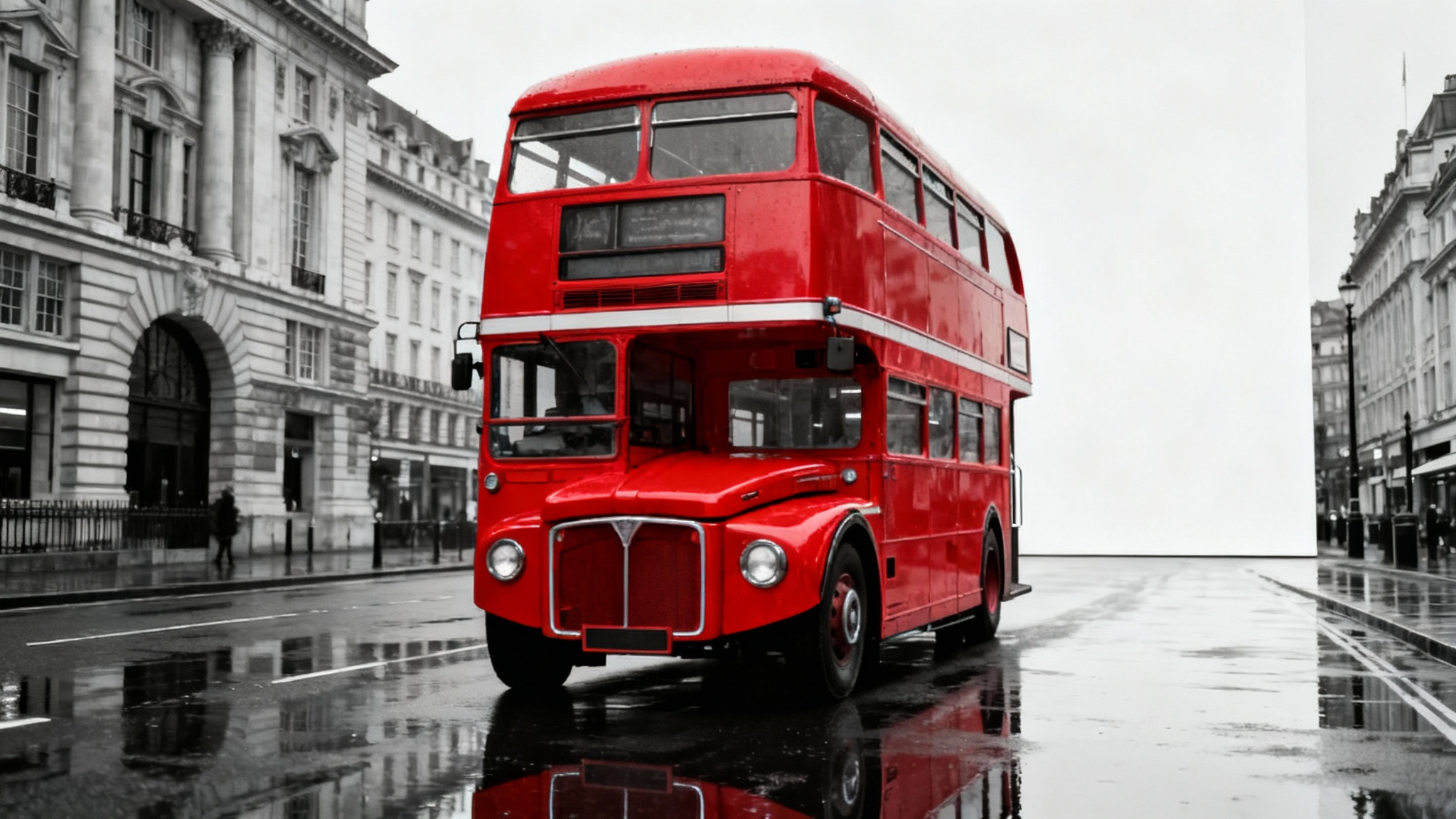 A striking image of a classic red London double-decker bus in full color, set against a black and white London street, demonstrating a selective color photo effect.