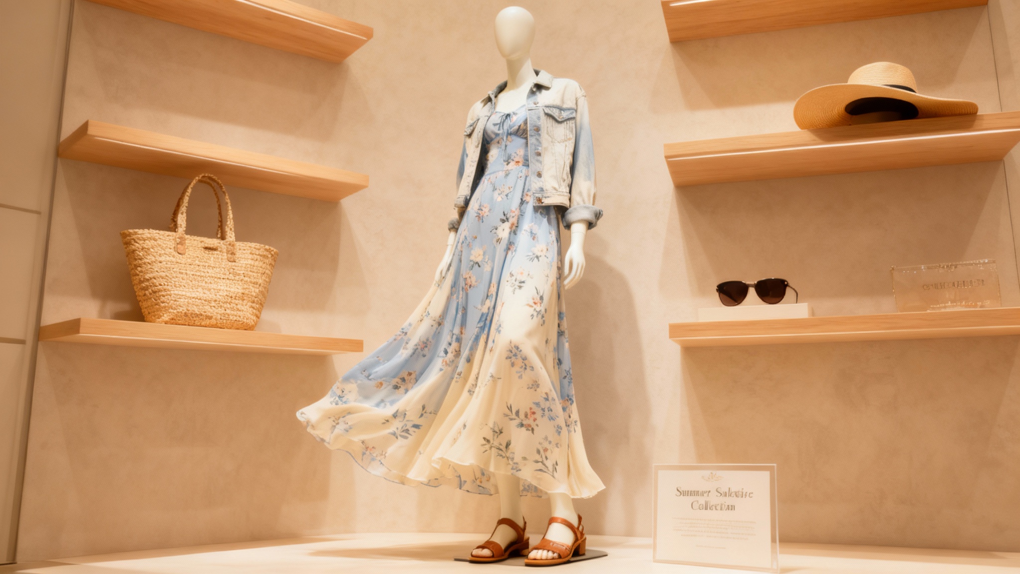 A polished visual merchandising display in a luxury clothing store for a summer collection, featuring a mannequin in a floral dress and curated accessories on shelves.