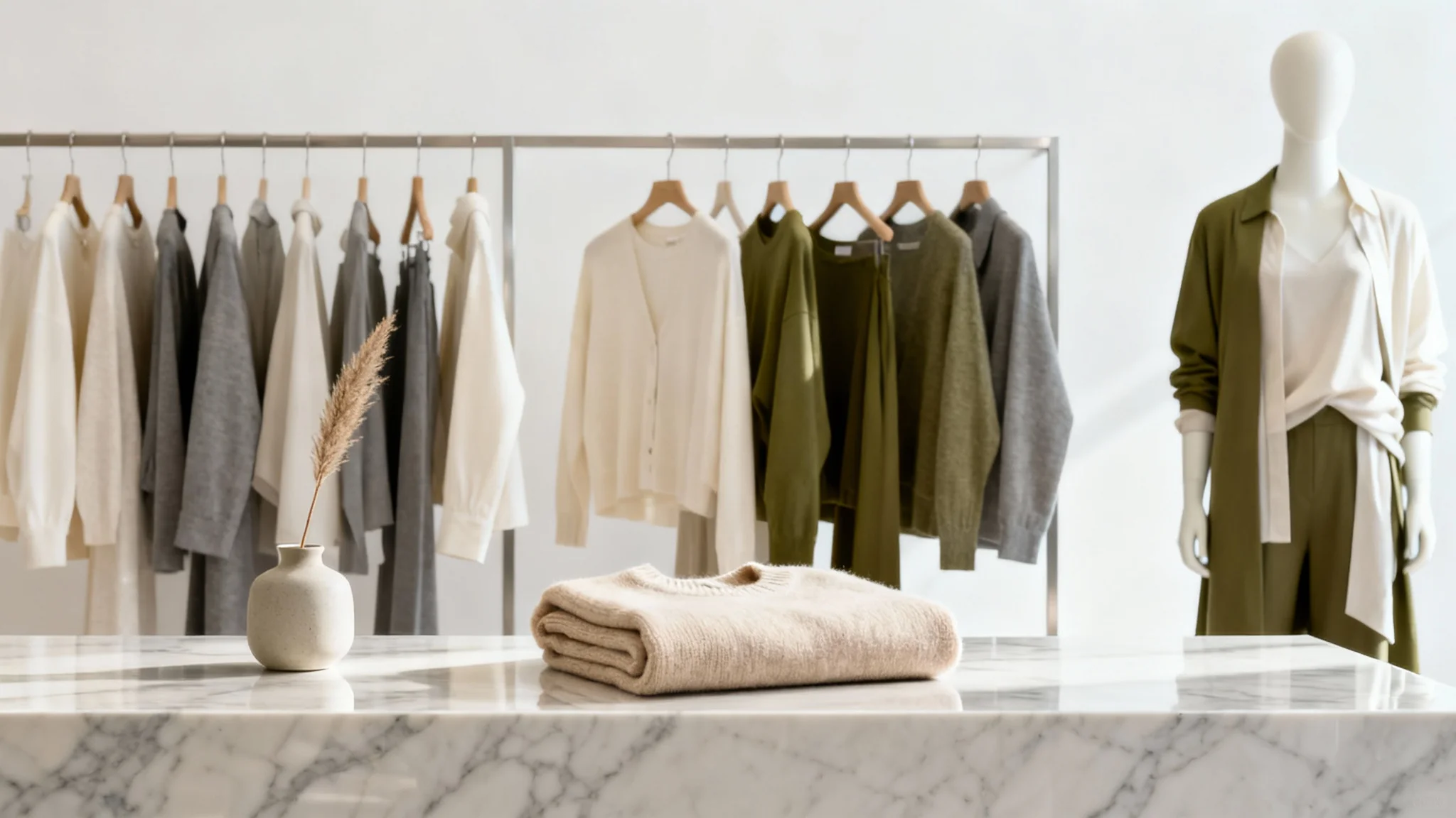 A clean mockup of a luxury retail store interior showcasing visual merchandising with a clothing display, a rack of clothes, and a mannequin against a plain white background.