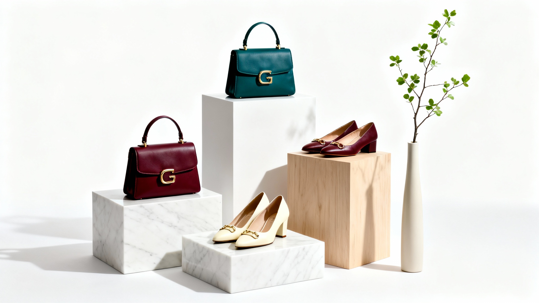 A luxurious retail display featuring designer handbags and shoes arranged on minimalist pedestals against a clean white background, showcasing effective visual merchandising.