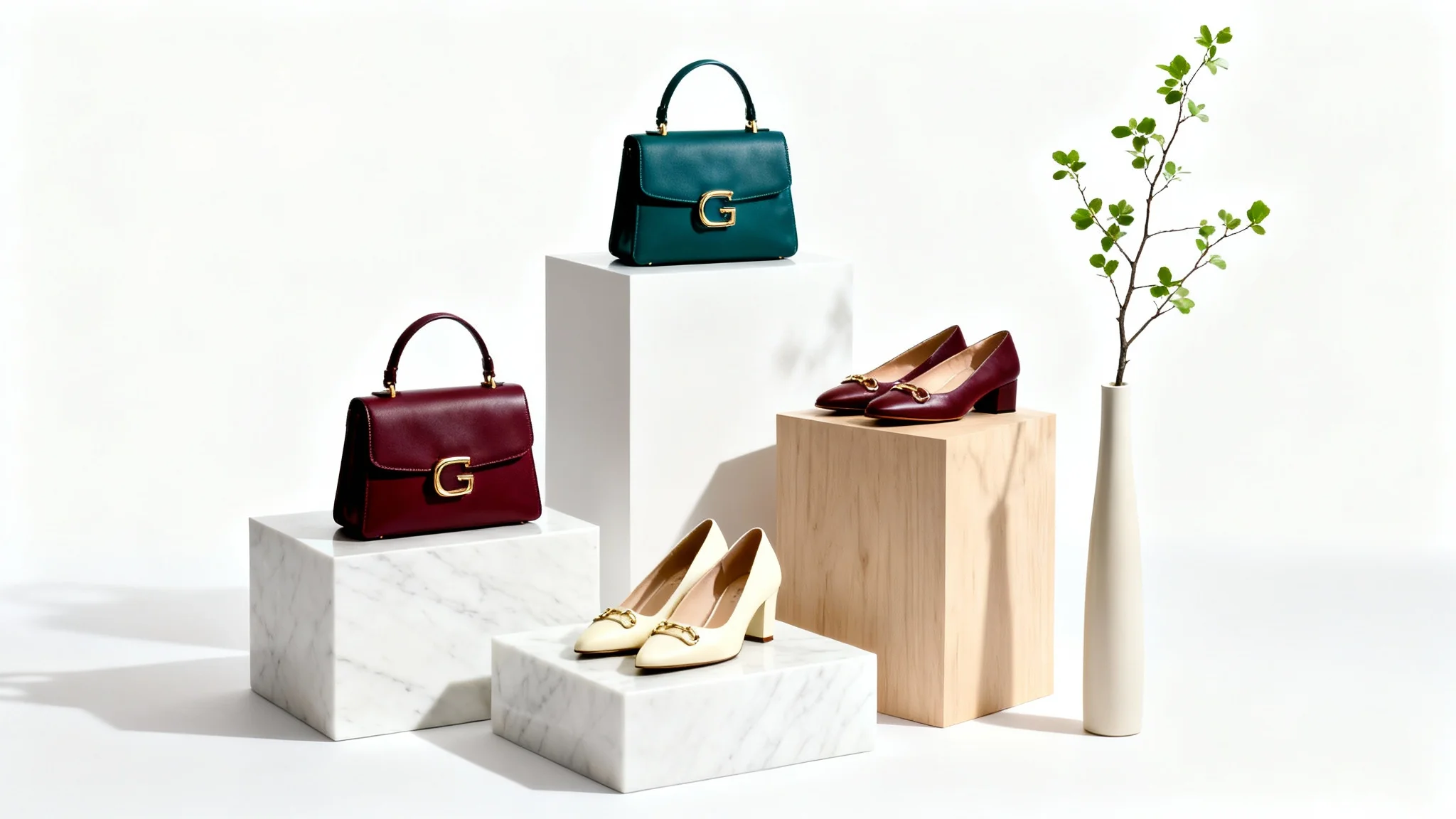 A luxurious retail display featuring designer handbags and shoes arranged on minimalist pedestals against a clean white background, showcasing effective visual merchandising.