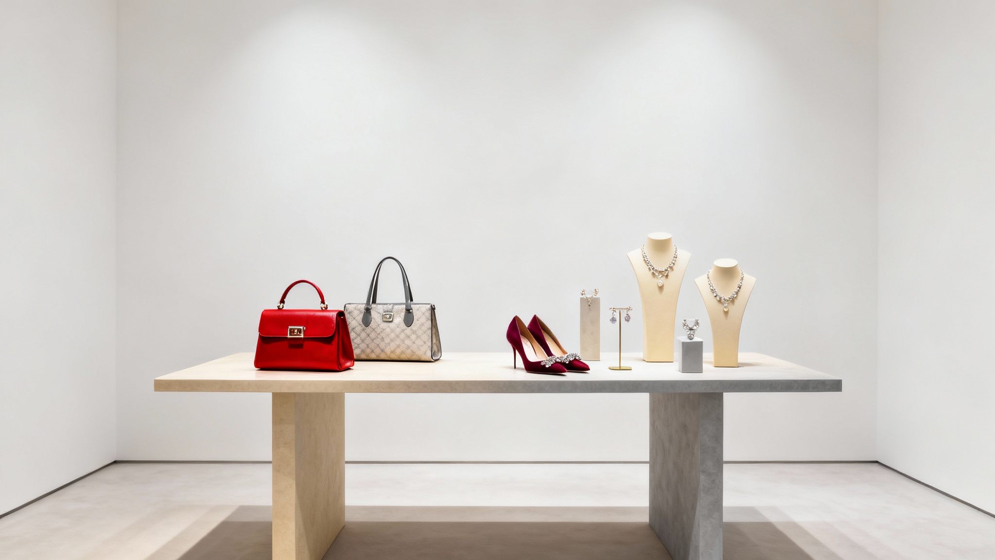 A photorealistic image of a luxury visual merchandising display, showcasing designer handbags, shoes, and jewelry artfully arranged on a table against a clean white background.
