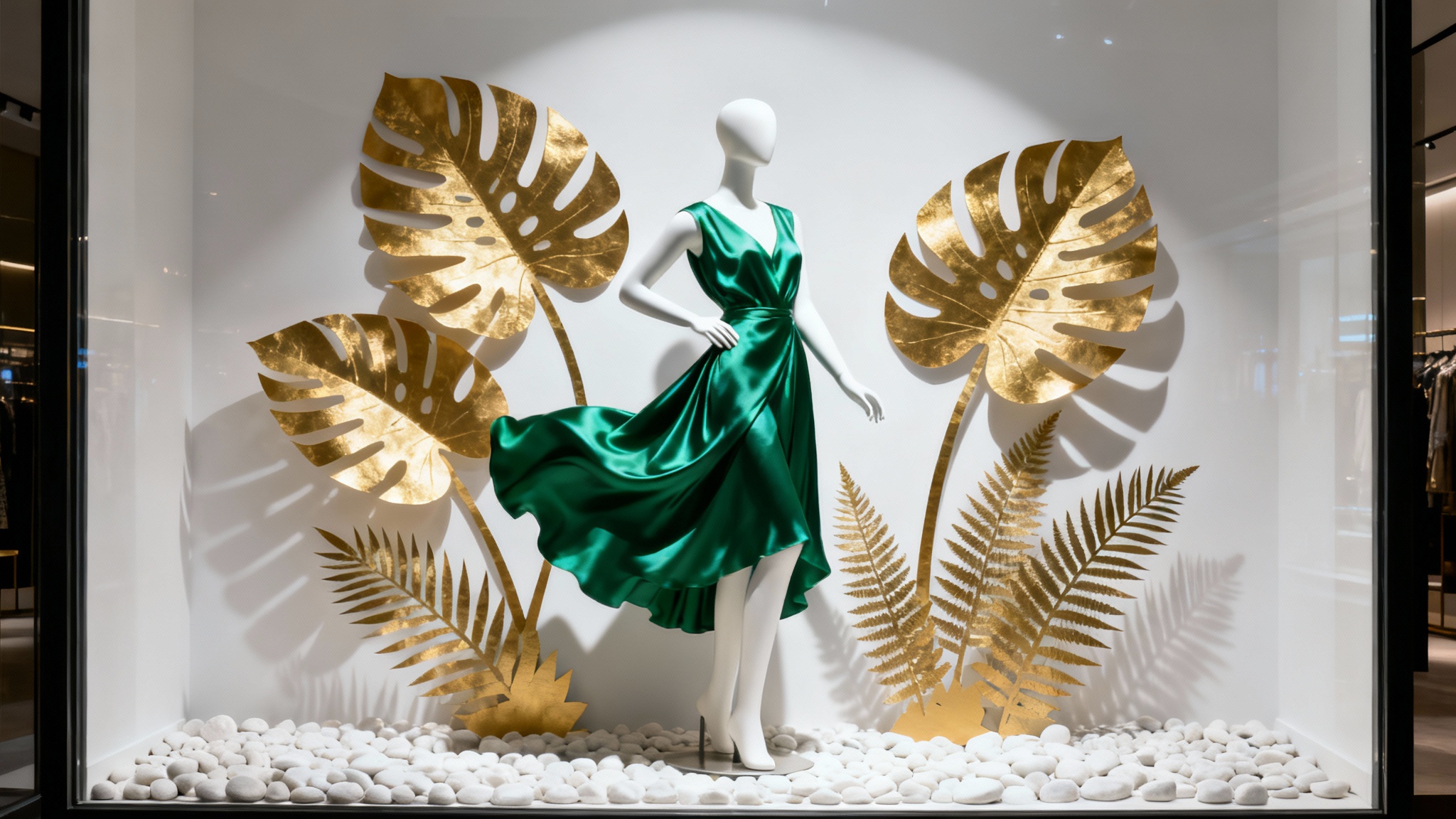 A high-end visual merchandising display featuring a mannequin in an emerald green dress, surrounded by large gold-leaf cutouts of leaves, set against a clean white background.