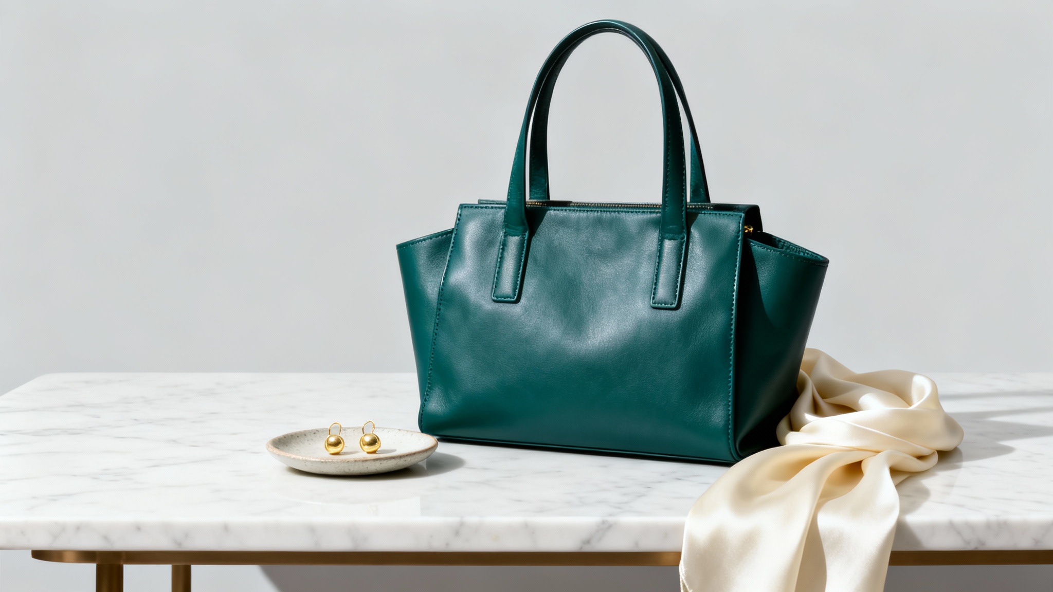 An elegant visual merchandising display of luxury goods, including a teal leather handbag and gold earrings, artfully arranged on a white marble surface against a light grey background.